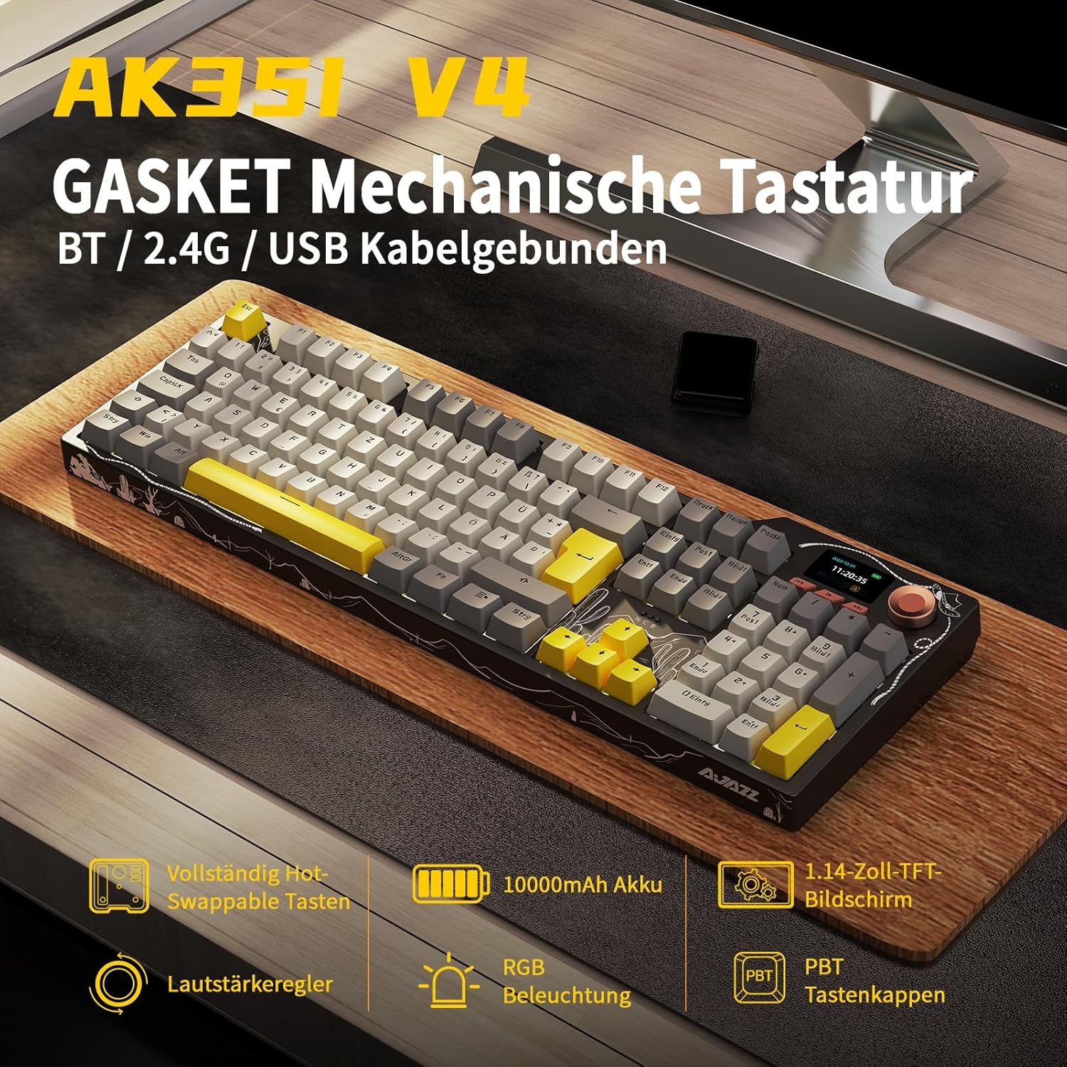 AJAZZ AK35I V3 Wired Mechanical Gaming Keyboard, 104 Toetsen met Multimedia Toetsen en Knoppen|5 Layer Pad|OEM Specification (Zwart Grijs, Met Scherm)
