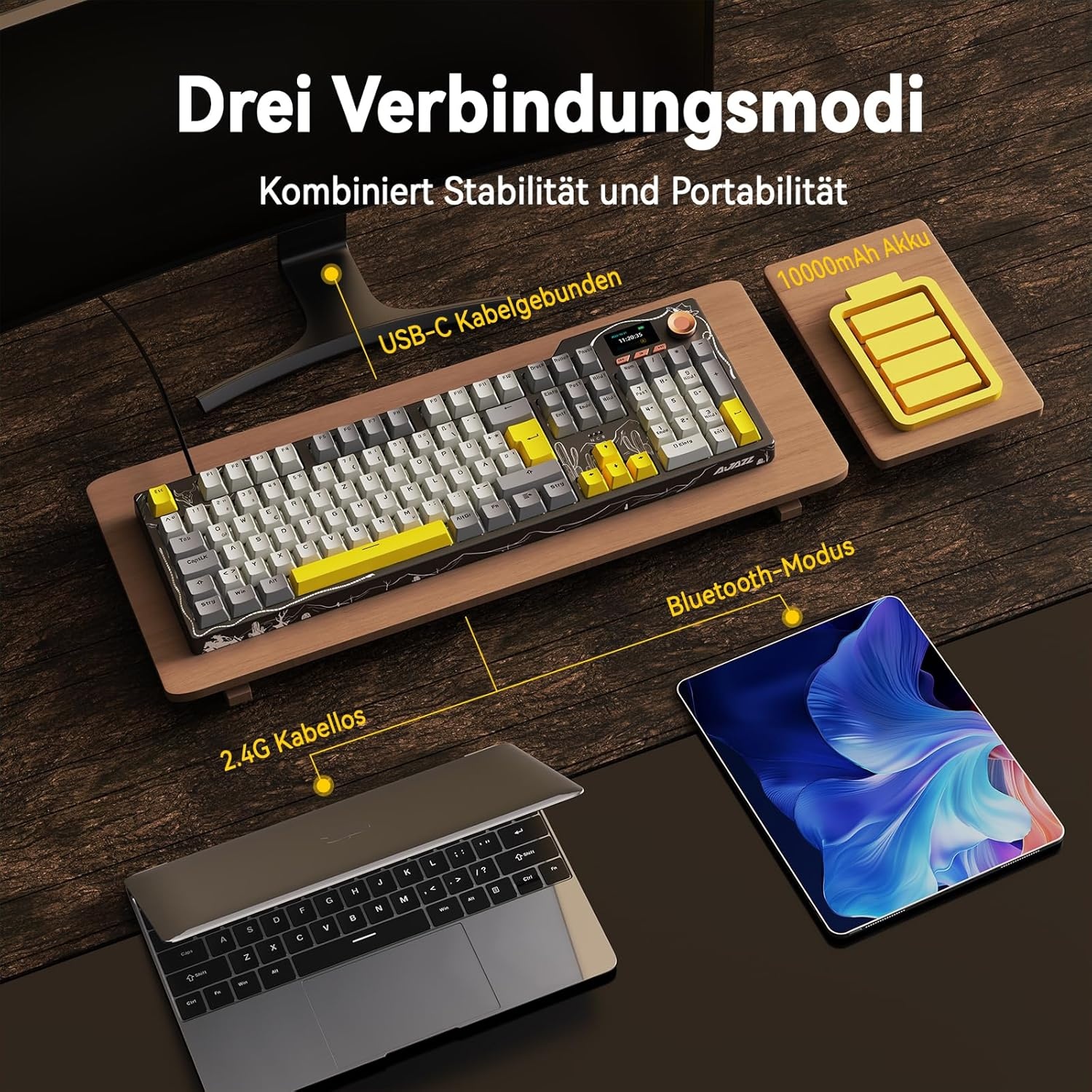 AJAZZ AK35I V3 Wired Mechanical Gaming Keyboard, 104 Toetsen met Multimedia Toetsen en Knoppen|5 Layer Pad|OEM Specification (Zwart Grijs, Met Scherm)