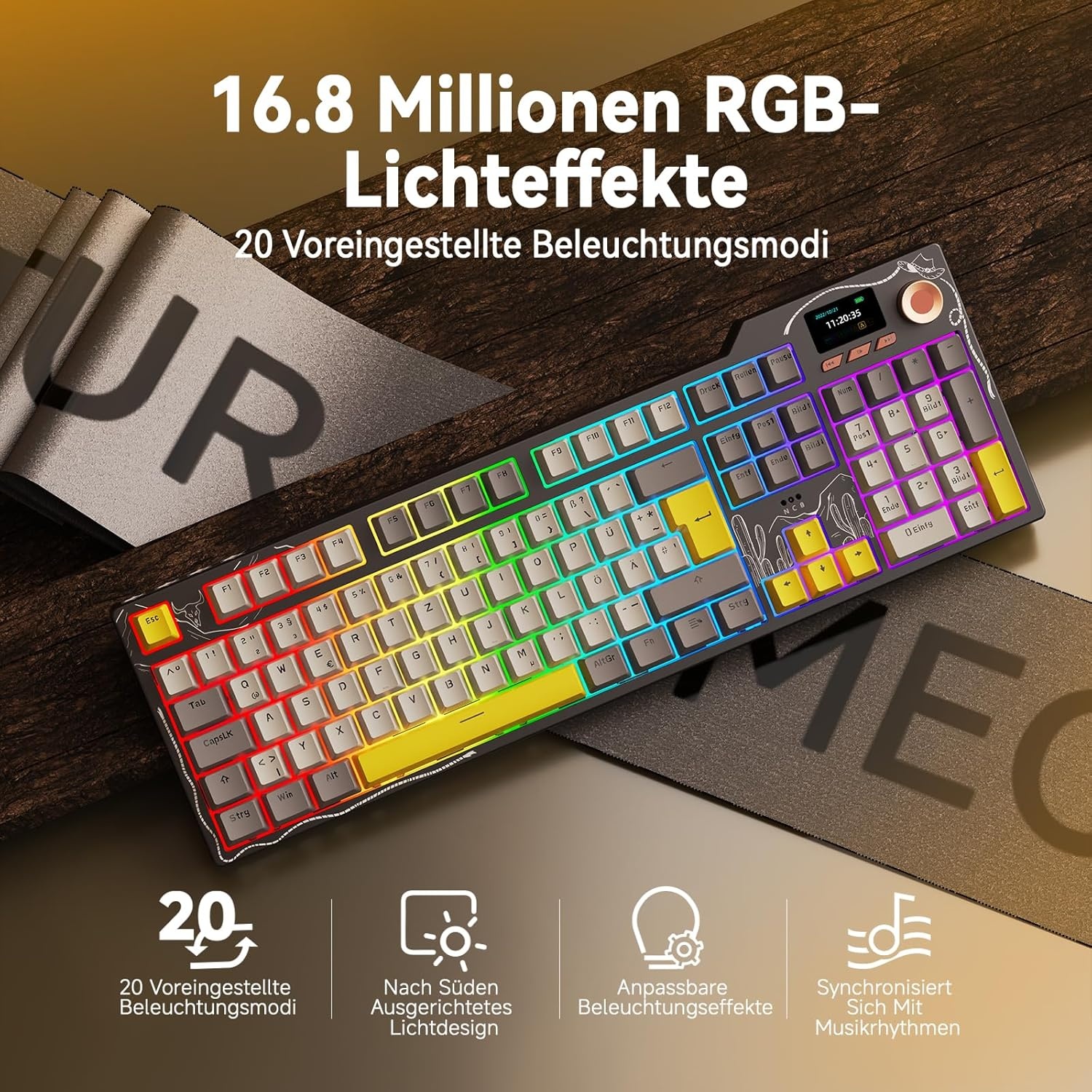 AJAZZ AK35I V3 Wired Mechanical Gaming Keyboard, 104 Toetsen met Multimedia Toetsen en Knoppen|5 Layer Pad|OEM Specification (Zwart Grijs, Met Scherm)