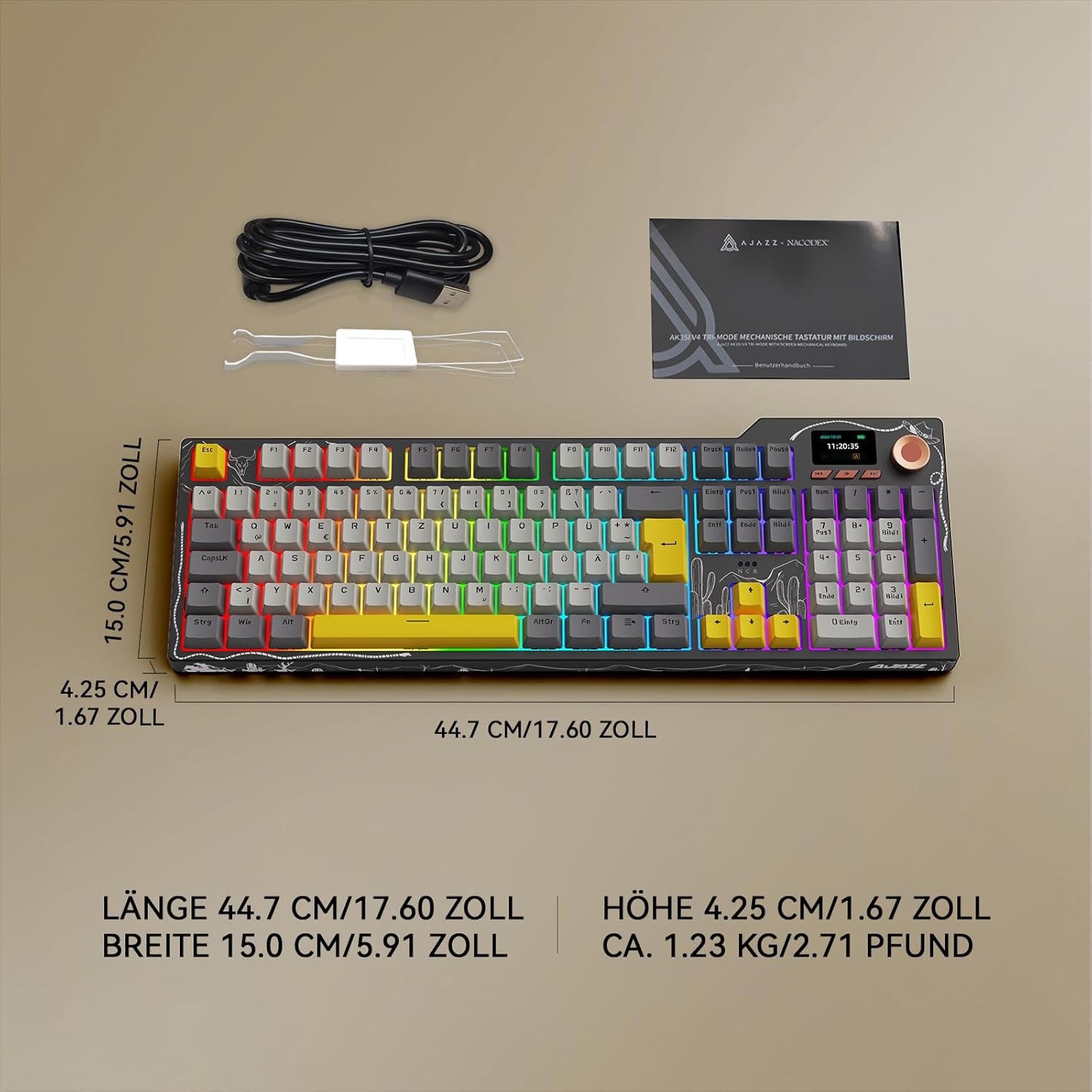 AJAZZ AK35I V3 Wired Mechanical Gaming Keyboard, 104 Toetsen met Multimedia Toetsen en Knoppen|5 Layer Pad|OEM Specification (Zwart Grijs, Met Scherm)