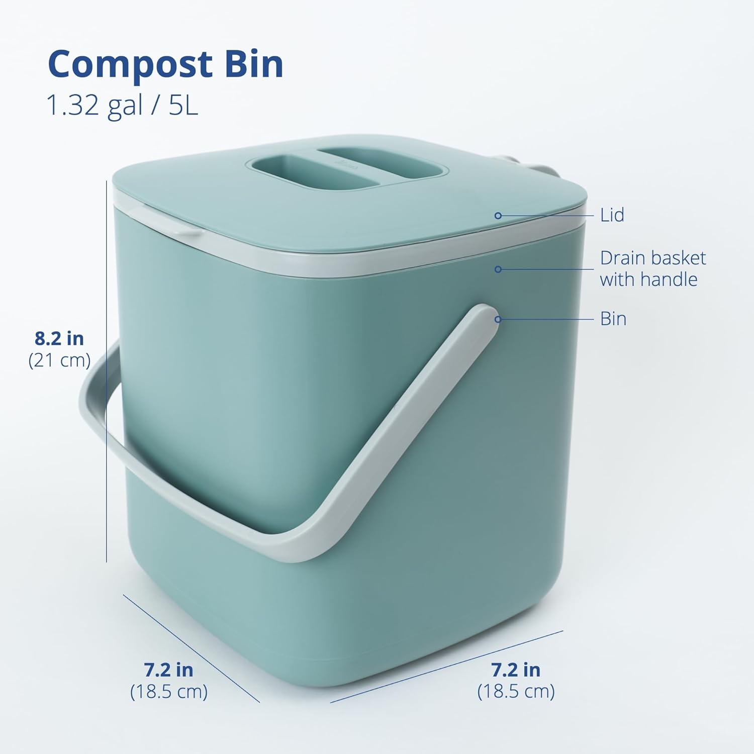 Blue Ginkgo Compostbak voor in de keuken (5 l/1,32 gallon) - filtervrij, geurdicht aanrecht voedselafvalemmer met handgrepen (Made in Korea, Green)