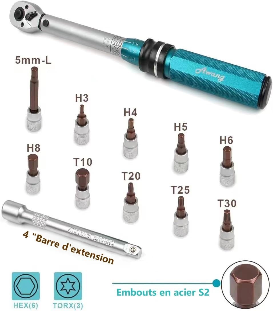 Awang 1/4" Verstelbare momentsleutel 5-25 Nm met ratel, 72 tanden