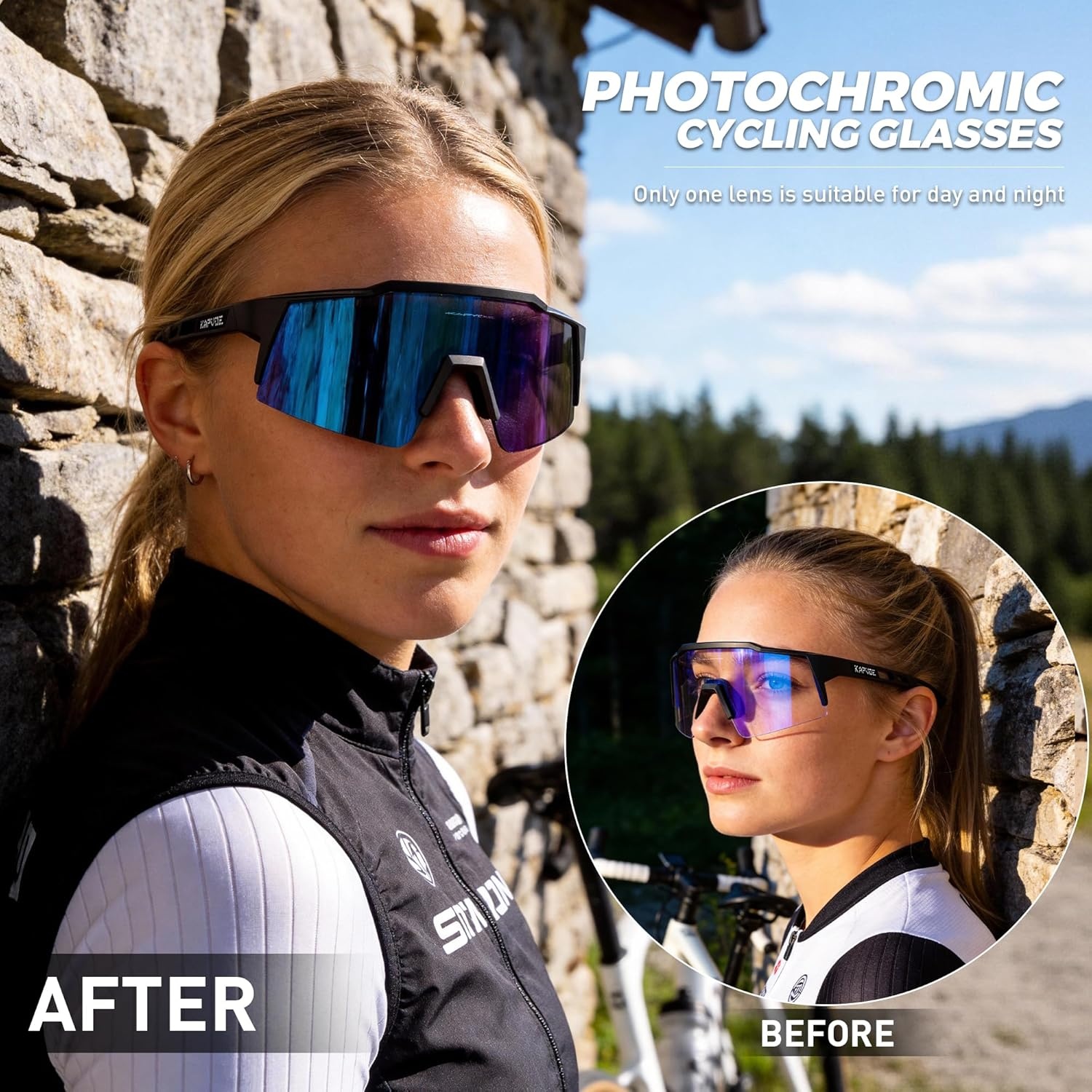 KAPVOE Fotocromische Fietsbril Heren Dames MTB Mountainbike Helder K9023