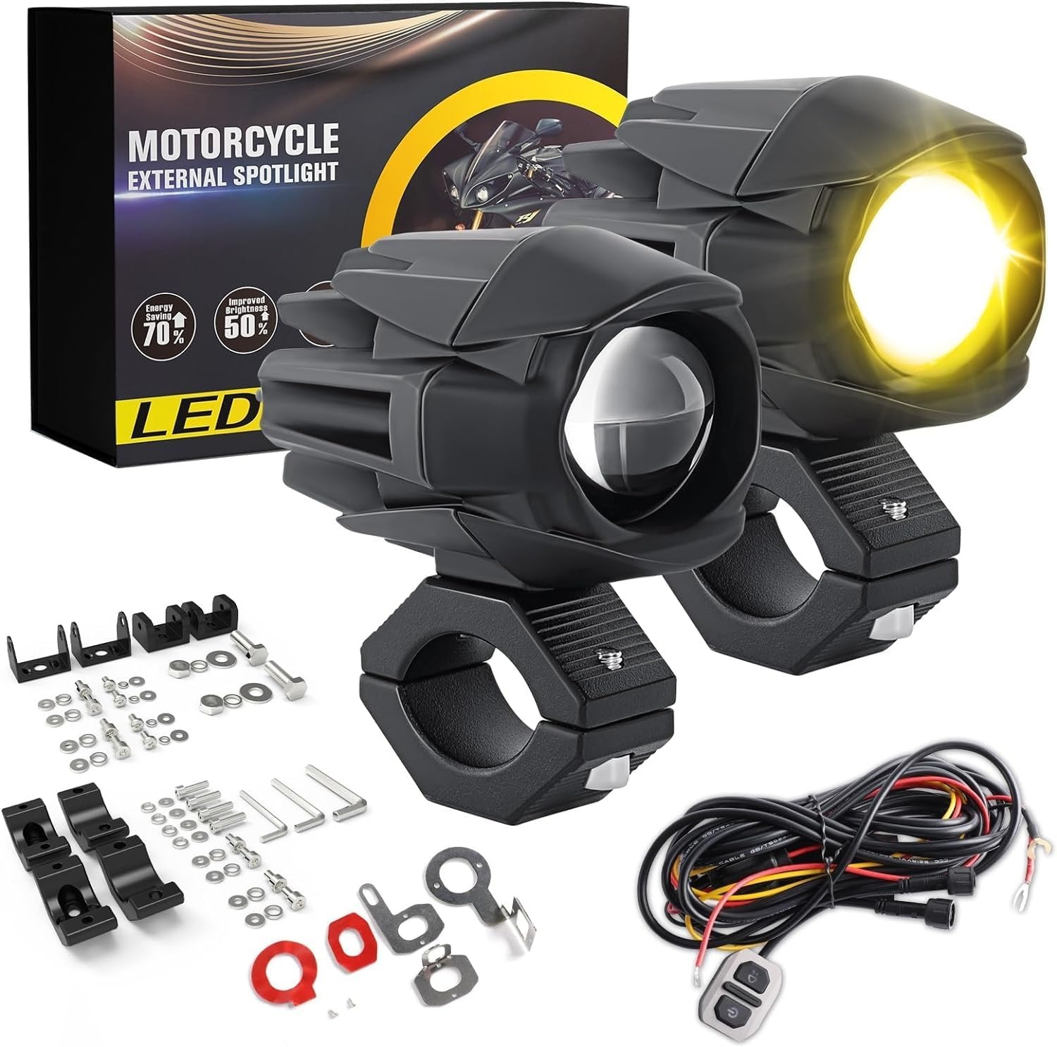 CO LIGHT Set van 2 Motor Mistlampen 20.000 Lumen Amber Geel Wit Tweekleurig Extra Koplamp Offroad Werklamp met Bedrading