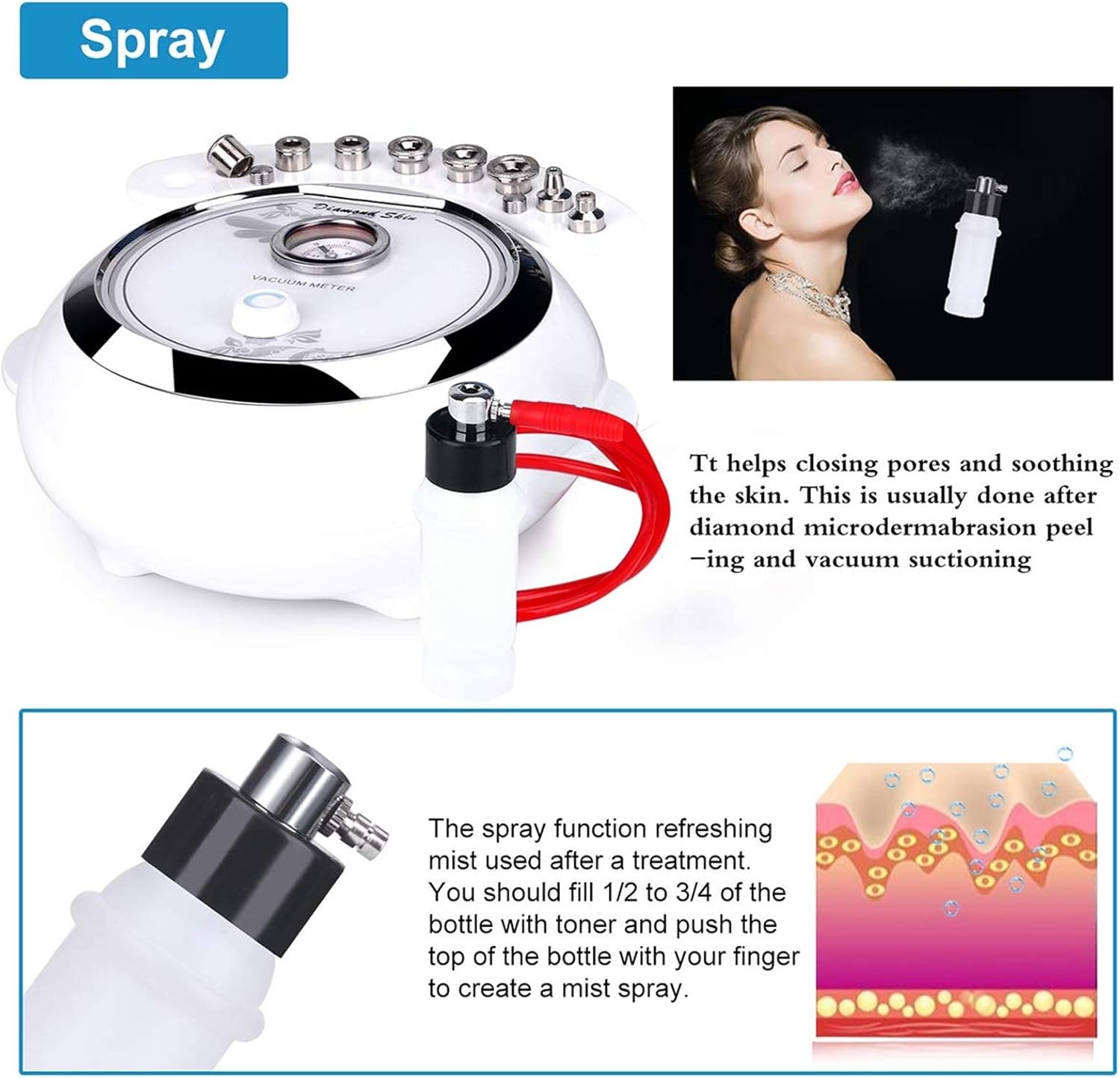 TwoWin Diamant Microdermabrasie Dermabrasie Machine, 3-in-1 Professionele Huidverjonging Acne Rimpel Behandeling Salon Apparatuur voor Gezicht met Vacuüm en Spray (Sterke Zuigkracht: 65-68 cmhg)