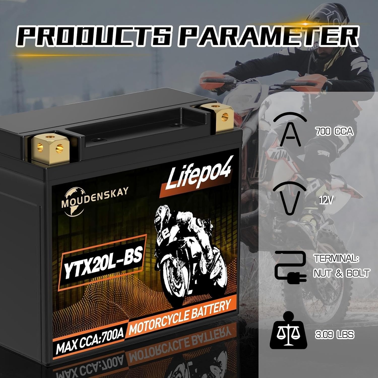Lithium Motorfietsaccu 12V Lithium Powersports Accu met BMS (YTX20L-BS 12.8V 700CCA+) LiFePO4 Motorfiets Startaccu voor motorfietsen, ATV's, UTV's, waterscooters, enz. - Maat YTX20L-BS new