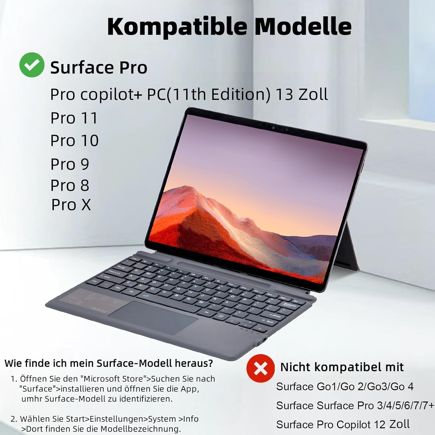 QWERTZ Duits Toetsenbord met Trackpad voor Microsoft Surface Pro (11/10/9/8/X), 13 Inch, Bluetooth, Verlicht (Grijs)