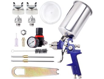 Pindex HVLP spuitpistool met 3 sproeiers (1.4, 1.7, 2.5 mm) en 1000cc aluminium pot, inclusief drukregelaar