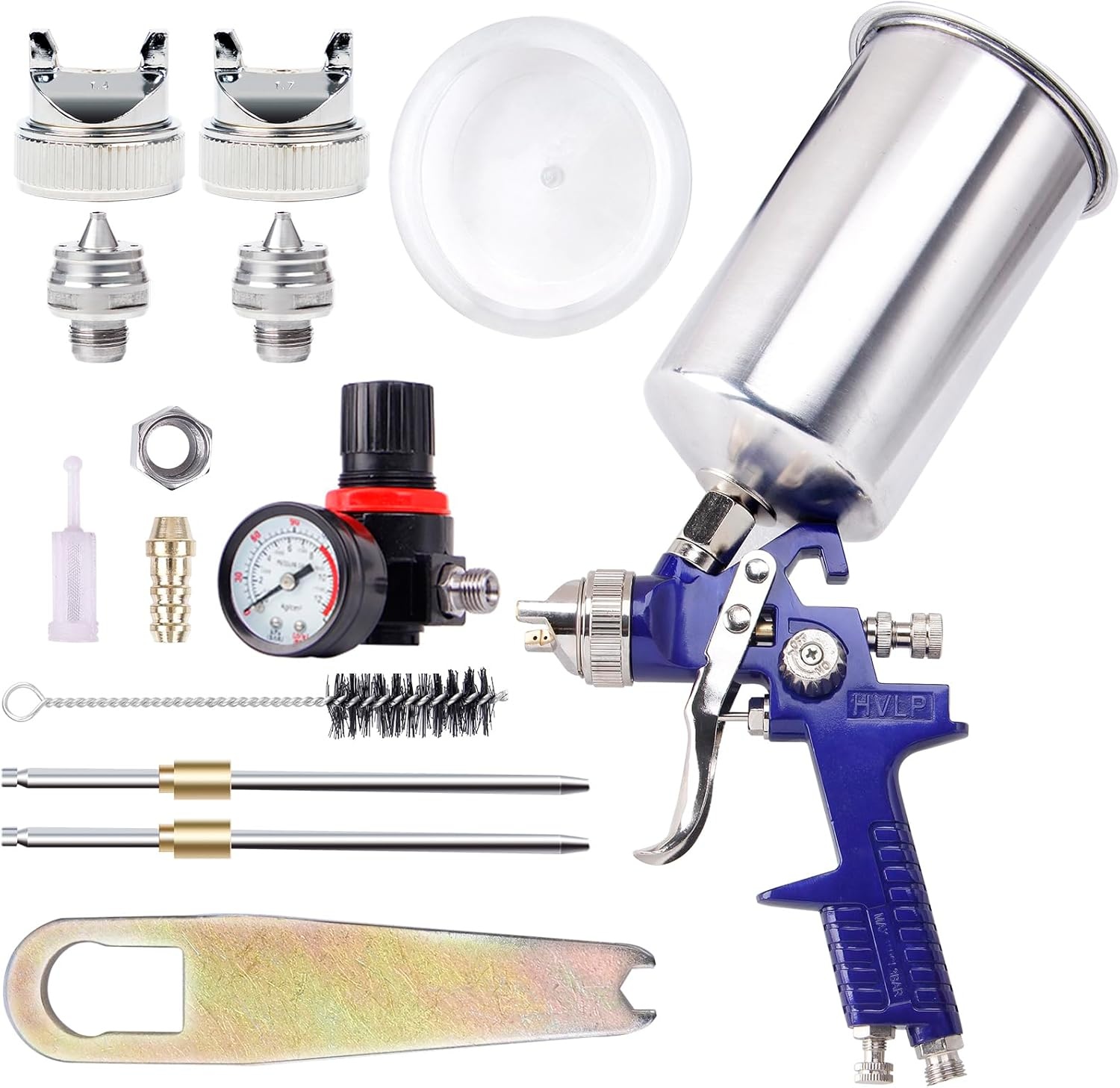 Pindex HVLP spuitpistool met 3 sproeiers (1.4, 1.7, 2.5 mm) en 1000cc aluminium pot, inclusief drukregelaar