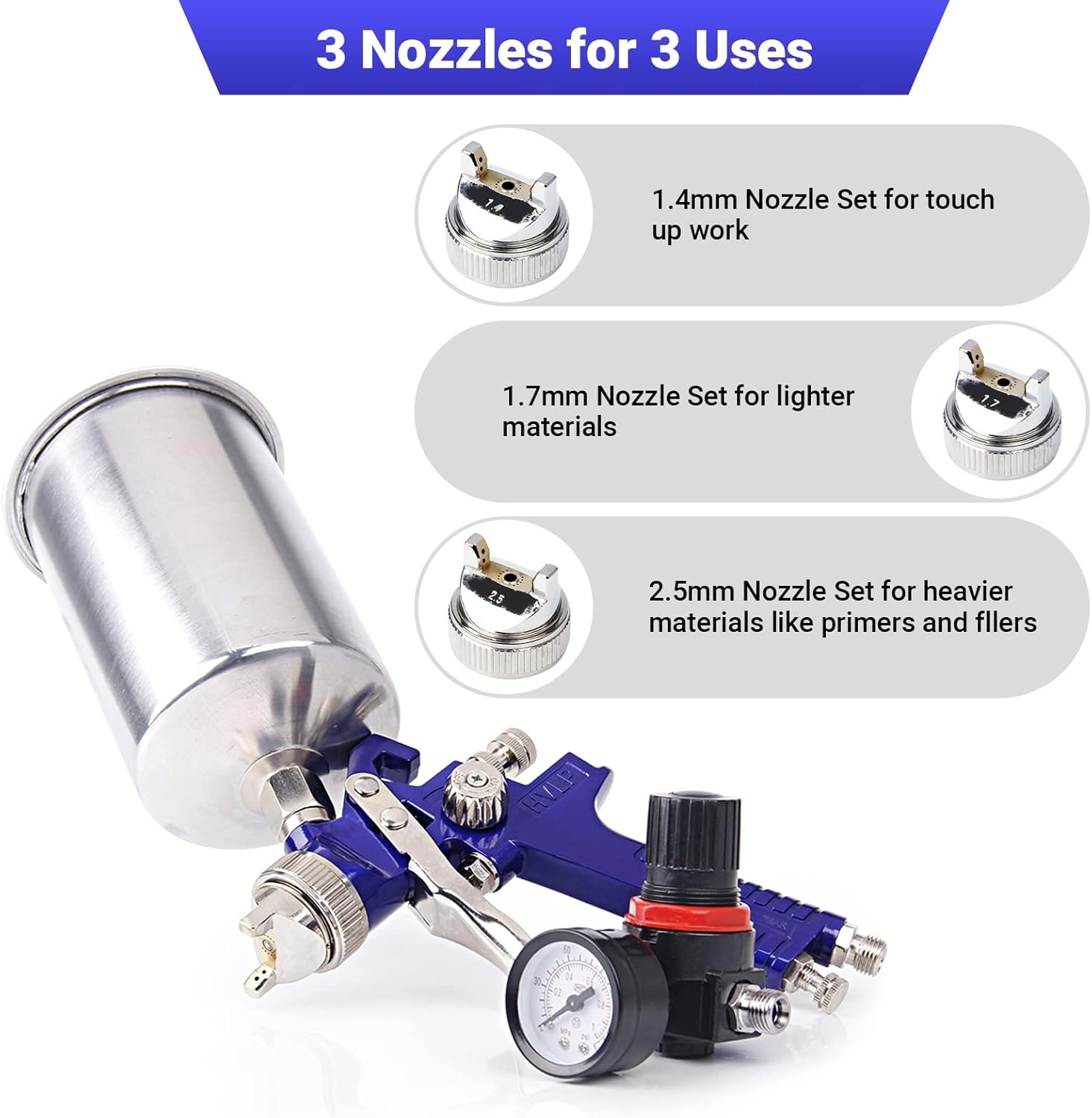 Pindex HVLP spuitpistool met 3 sproeiers (1.4, 1.7, 2.5 mm) en 1000cc aluminium pot, inclusief drukregelaar