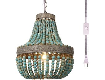 Newrays Houten Kralen Kroonluchter Lamp Blauw - Bohemian Boho Strand Stijl, Plug-In