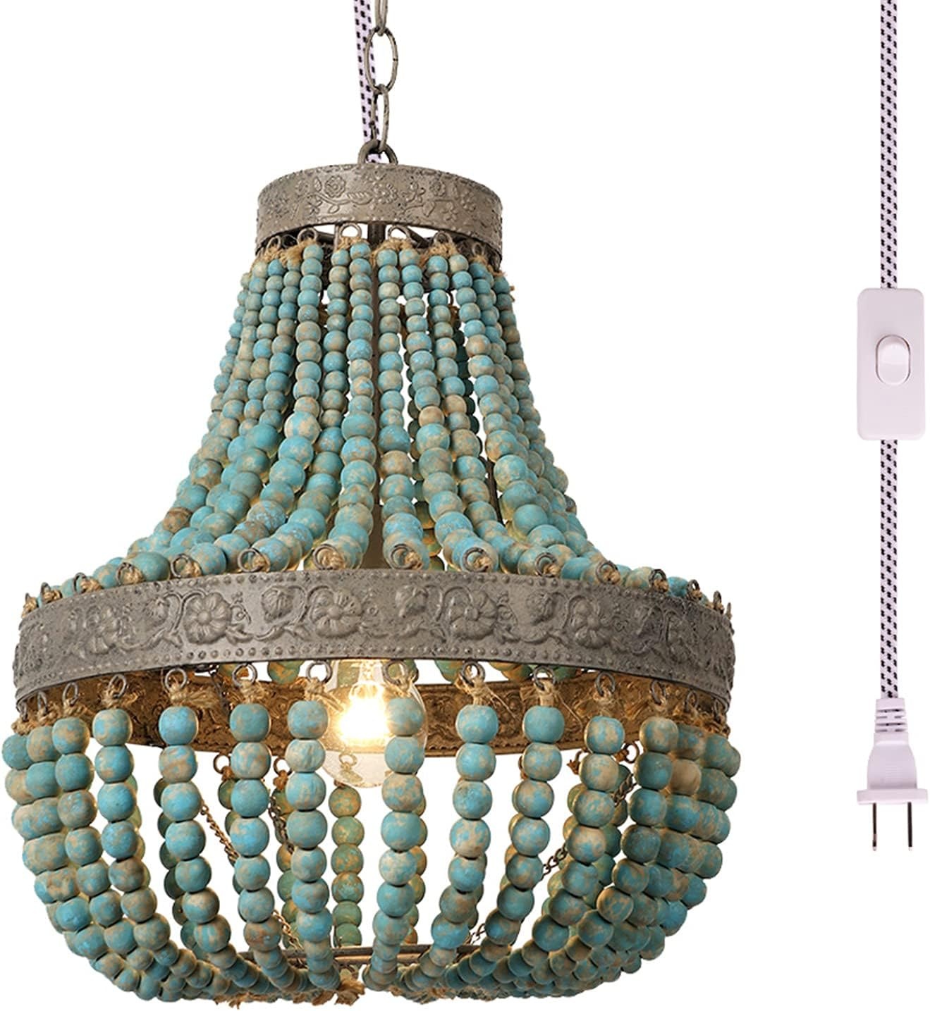Newrays Houten Kralen Kroonluchter Lamp Blauw - Bohemian Boho Strand Stijl, Plug-In