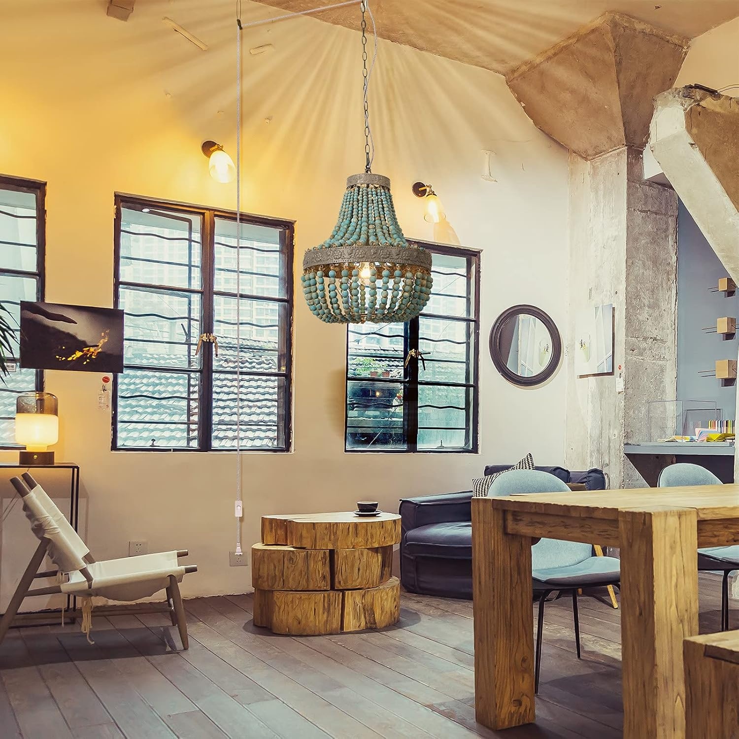 Newrays Houten Kralen Kroonluchter Lamp Blauw - Bohemian Boho Strand Stijl, Plug-In