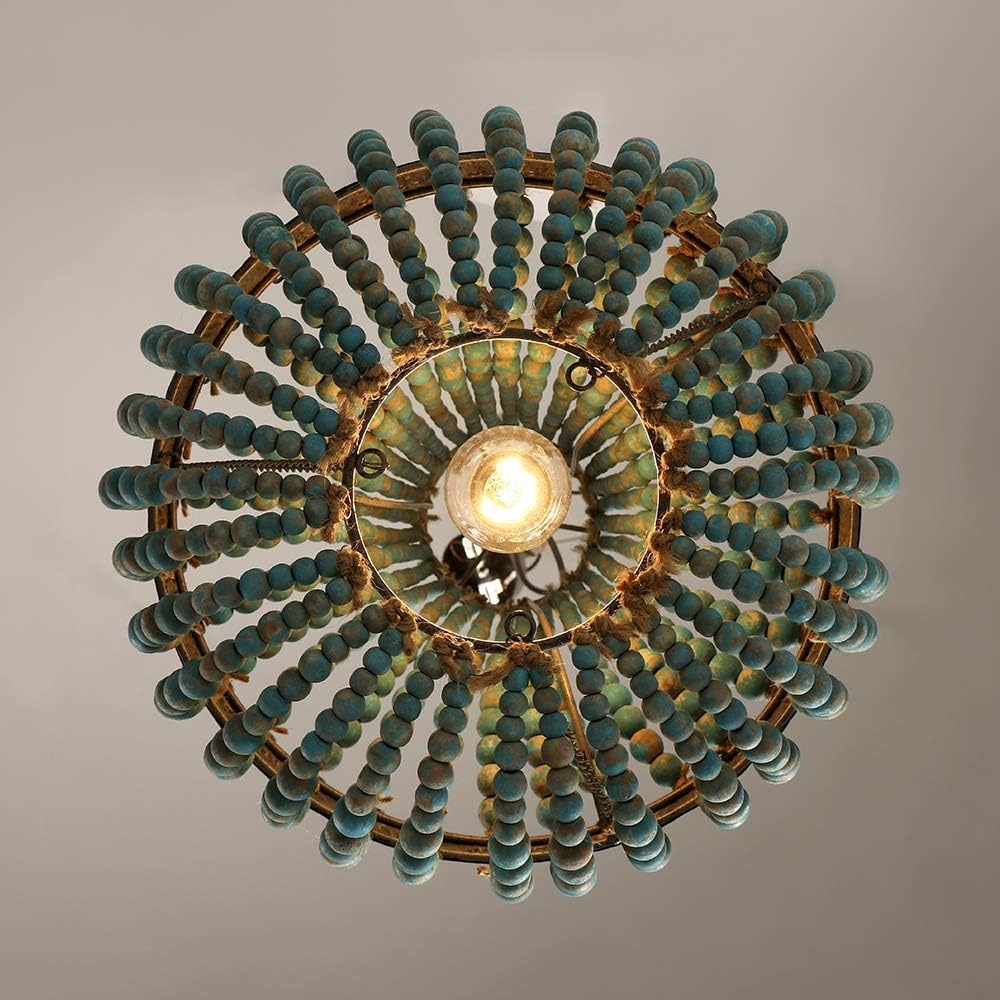 Newrays Houten Kralen Kroonluchter Lamp Blauw - Bohemian Boho Strand Stijl, Plug-In