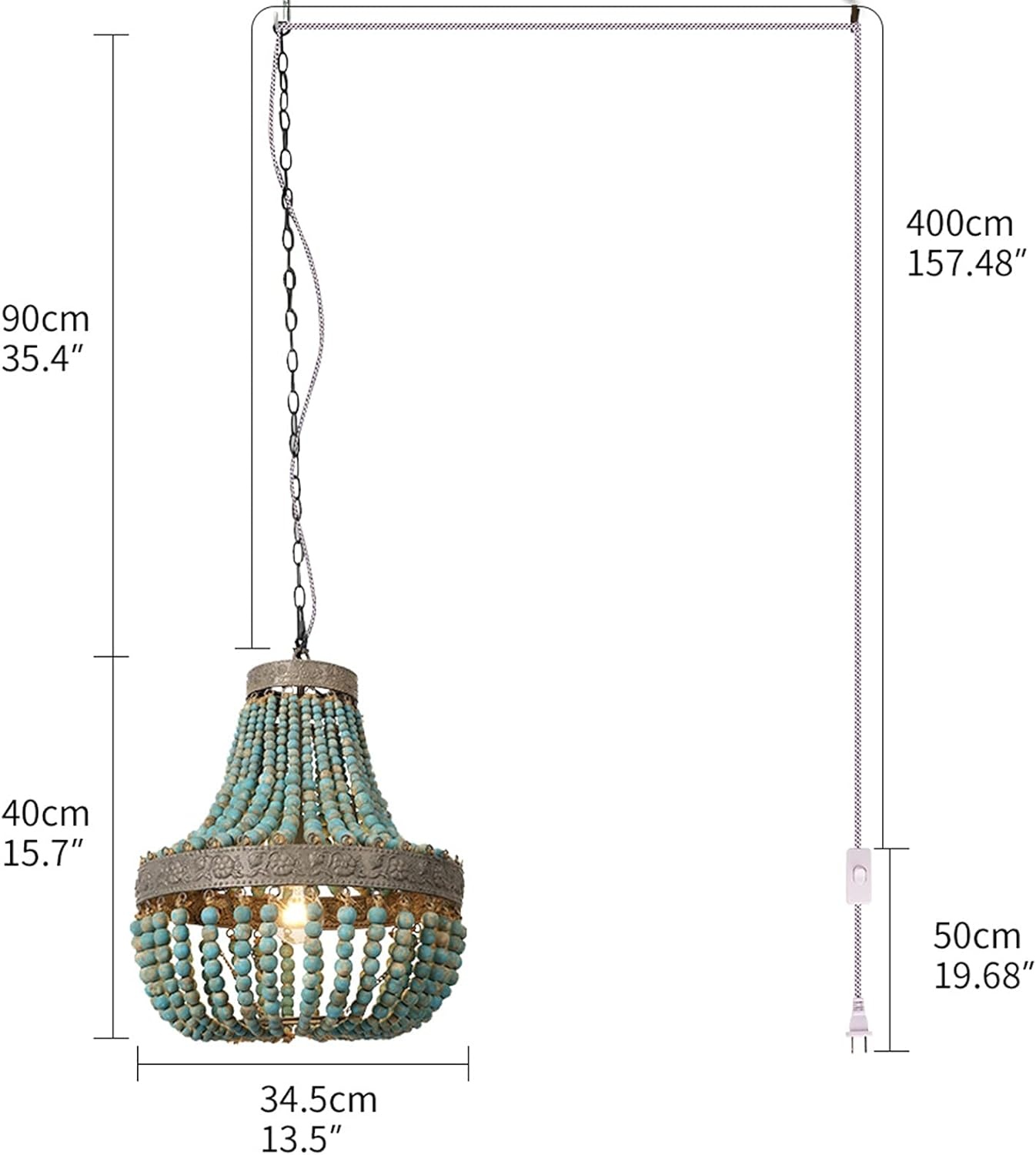 Newrays Houten Kralen Kroonluchter Lamp Blauw - Bohemian Boho Strand Stijl, Plug-In