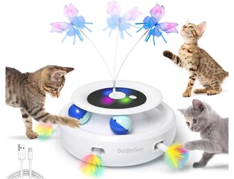 GoldenSun Kattenspeelgoed, 3-in-1 Elektrisch Interactief Automatisch Speelgoed voor Katten, Whack-A-Mole, Fluttering Butterfly, Inclusief bal, USB-oplaadbaar, Kattenteaser met 6 Opzetstukken