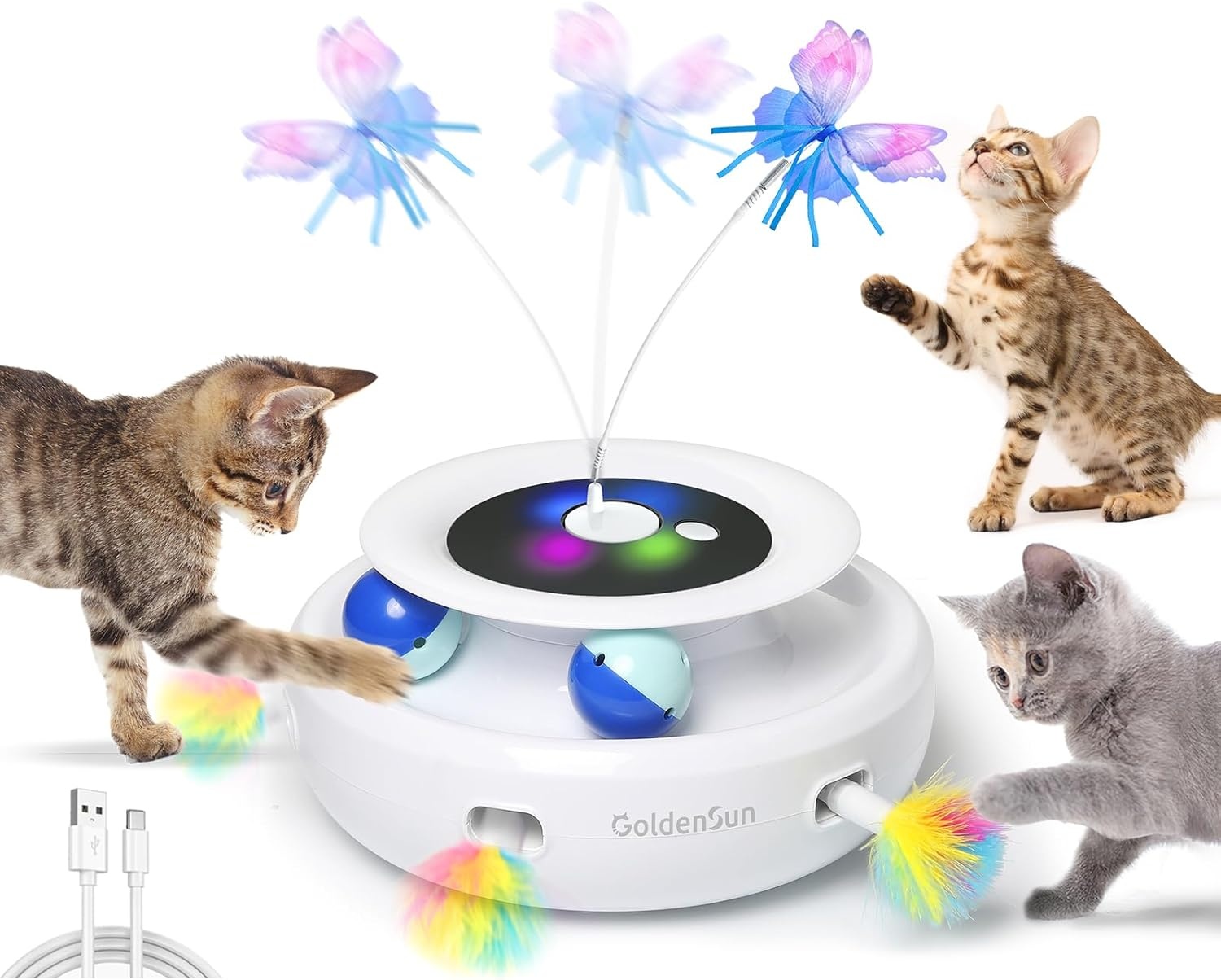GoldenSun Kattenspeelgoed, 3-in-1 Elektrisch Interactief Automatisch Speelgoed voor Katten, Whack-A-Mole, Fluttering Butterfly, Inclusief bal, USB-oplaadbaar, Kattenteaser met 6 Opzetstukken