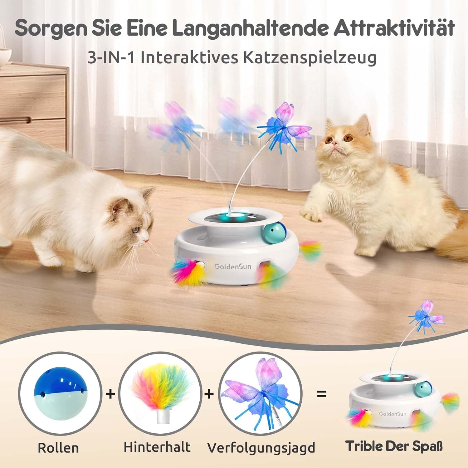 GoldenSun Kattenspeelgoed, 3-in-1 Elektrisch Interactief Automatisch Speelgoed voor Katten, Whack-A-Mole, Fluttering Butterfly, Inclusief bal, USB-oplaadbaar, Kattenteaser met 6 Opzetstukken
