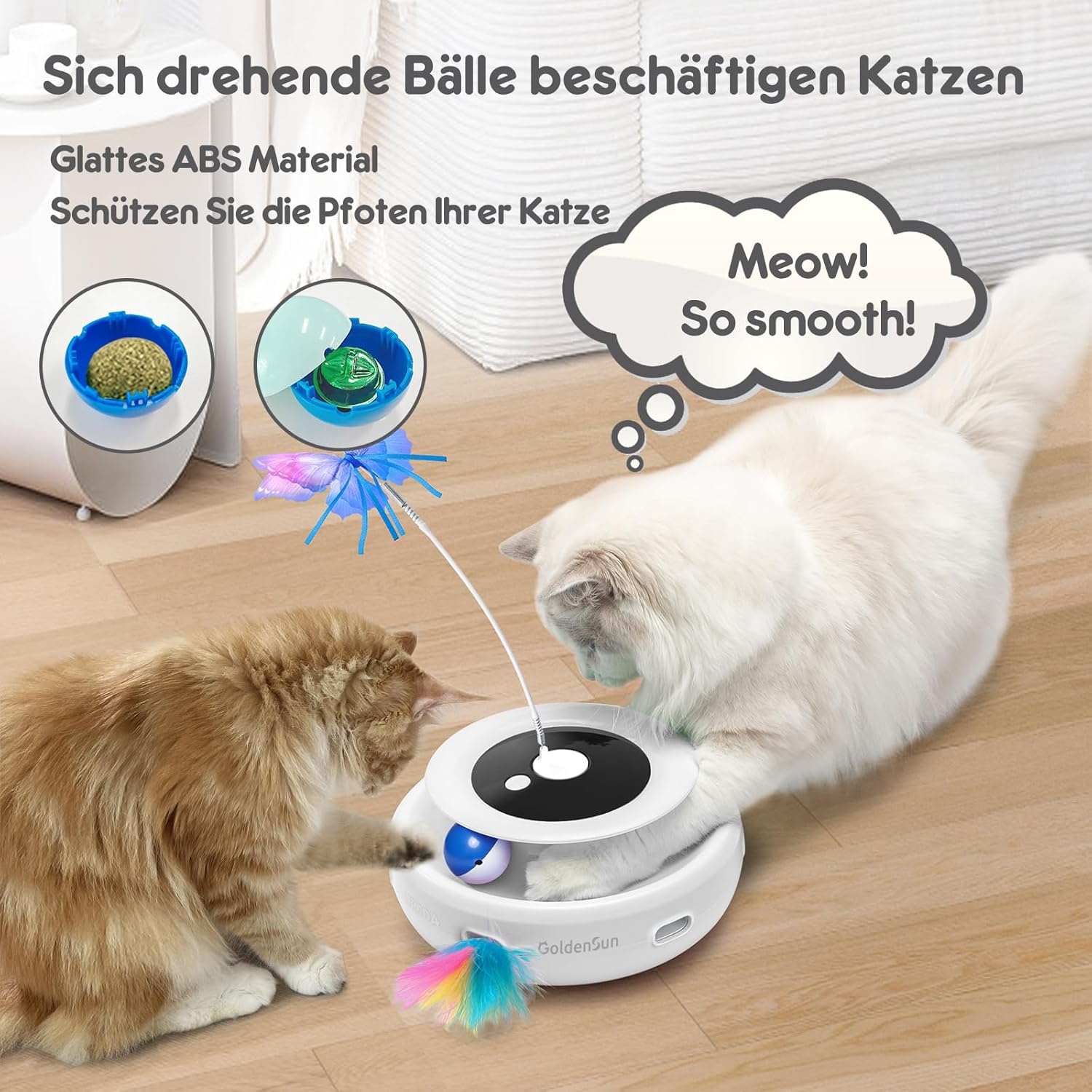 GoldenSun Kattenspeelgoed, 3-in-1 Elektrisch Interactief Automatisch Speelgoed voor Katten, Whack-A-Mole, Fluttering Butterfly, Inclusief bal, USB-oplaadbaar, Kattenteaser met 6 Opzetstukken