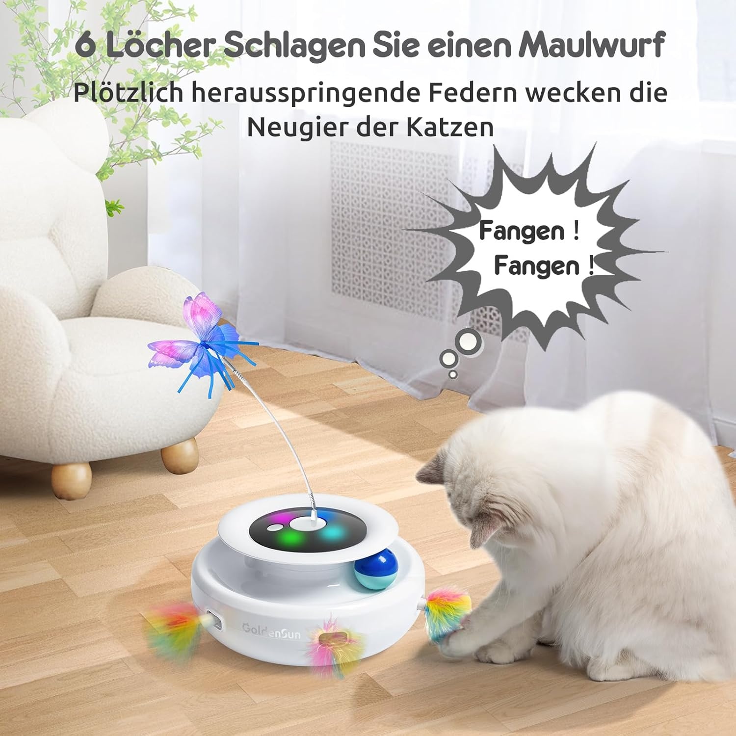 GoldenSun Kattenspeelgoed, 3-in-1 Elektrisch Interactief Automatisch Speelgoed voor Katten, Whack-A-Mole, Fluttering Butterfly, Inclusief bal, USB-oplaadbaar, Kattenteaser met 6 Opzetstukken