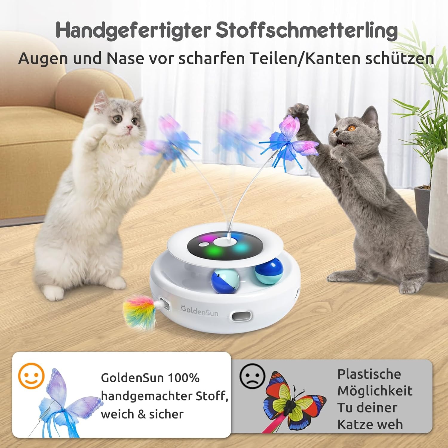 GoldenSun Kattenspeelgoed, 3-in-1 Elektrisch Interactief Automatisch Speelgoed voor Katten, Whack-A-Mole, Fluttering Butterfly, Inclusief bal, USB-oplaadbaar, Kattenteaser met 6 Opzetstukken