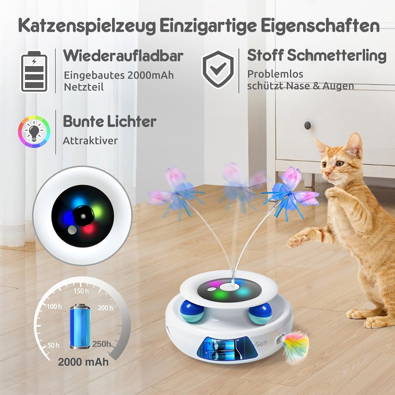 GoldenSun Kattenspeelgoed, 3-in-1 Elektrisch Interactief Automatisch Speelgoed voor Katten, Whack-A-Mole, Fluttering Butterfly, Inclusief bal, USB-oplaadbaar, Kattenteaser met 6 Opzetstukken