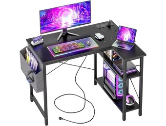 BEXEVUE Klein Hoekbureau met Stopcontacten - 100x70 cm L-vormig Computerbureau Schrijftafel, Omkeerbare Grote Opbergplanken, Boekenplank Werkstation voor Studie Speel Werk Slaapkamer Thuis Kantoor - Maat 100 x 70 cm