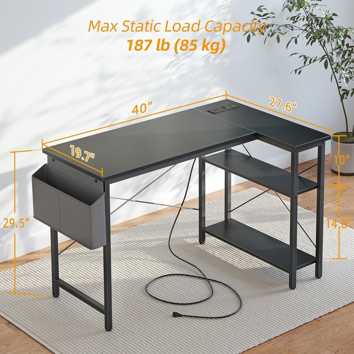 BEXEVUE Klein Hoekbureau met Stopcontacten - 100x70 cm L-vormig Computerbureau Schrijftafel, Omkeerbare Grote Opbergplanken, Boekenplank Werkstation voor Studie Speel Werk Slaapkamer Thuis Kantoor - Maat 100 x 70 cm