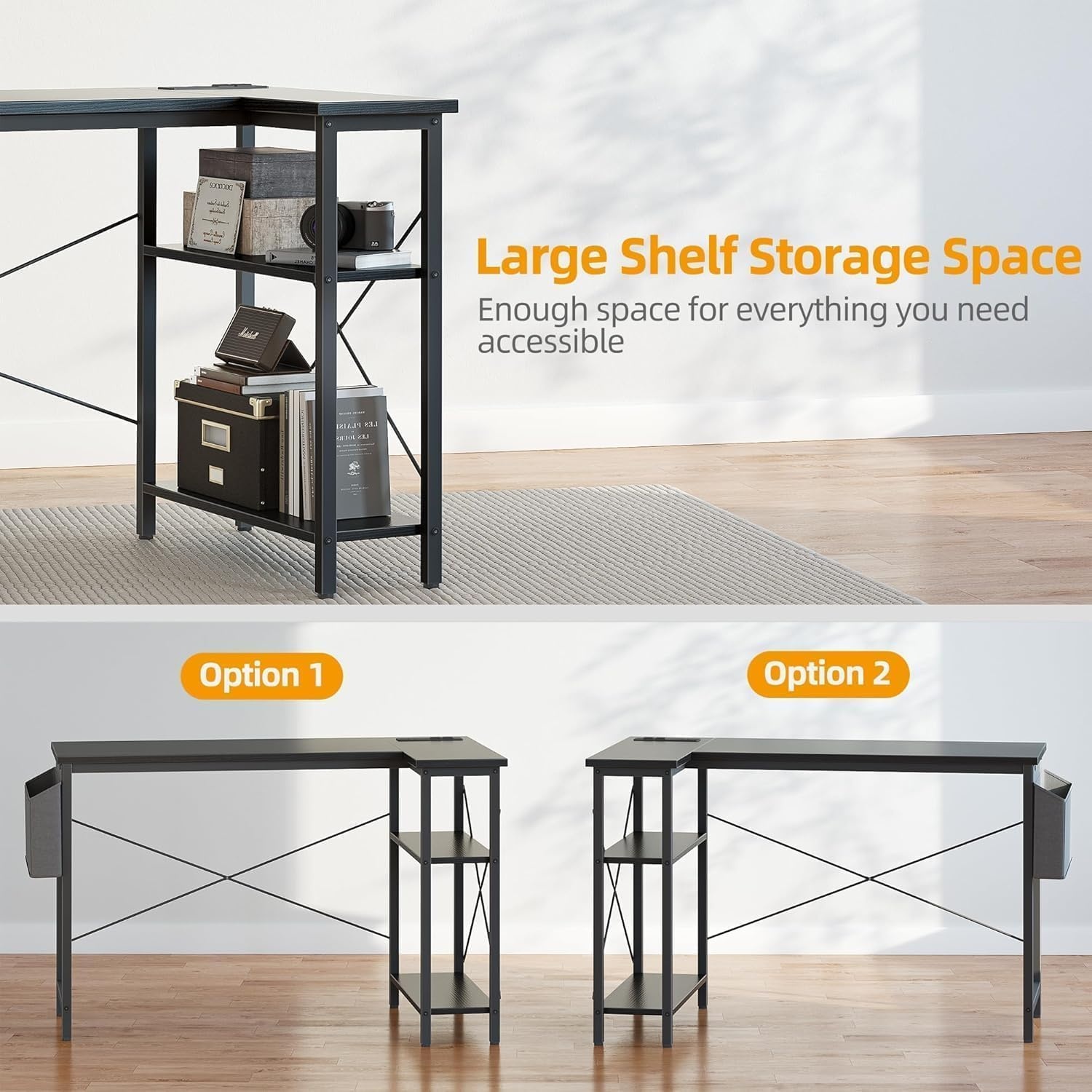 BEXEVUE Klein Hoekbureau met Stopcontacten - 100x70 cm L-vormig Computerbureau Schrijftafel, Omkeerbare Grote Opbergplanken, Boekenplank Werkstation voor Studie Speel Werk Slaapkamer Thuis Kantoor - Maat 100 x 70 cm