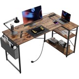 BEXEVUE Klein Hoekbureau met Stopcontacten - 100x70 cm L-vormig Computerbureau Schrijftafel, Omkeerbare Grote Opbergplanken, Boekenplank Werkstation voor Studie Speel Werk Slaapkamer Thuis Kantoor - Maat 100 x 70 cm