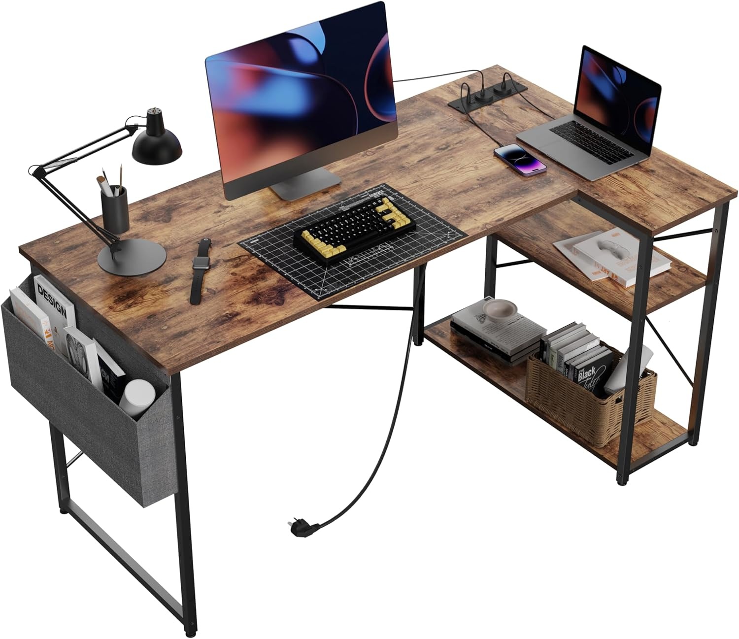 BEXEVUE Klein Hoekbureau met Stopcontacten - 100x70 cm L-vormig Computerbureau Schrijftafel, Omkeerbare Grote Opbergplanken, Boekenplank Werkstation voor Studie Speel Werk Slaapkamer Thuis Kantoor - Maat 100 x 70 cm