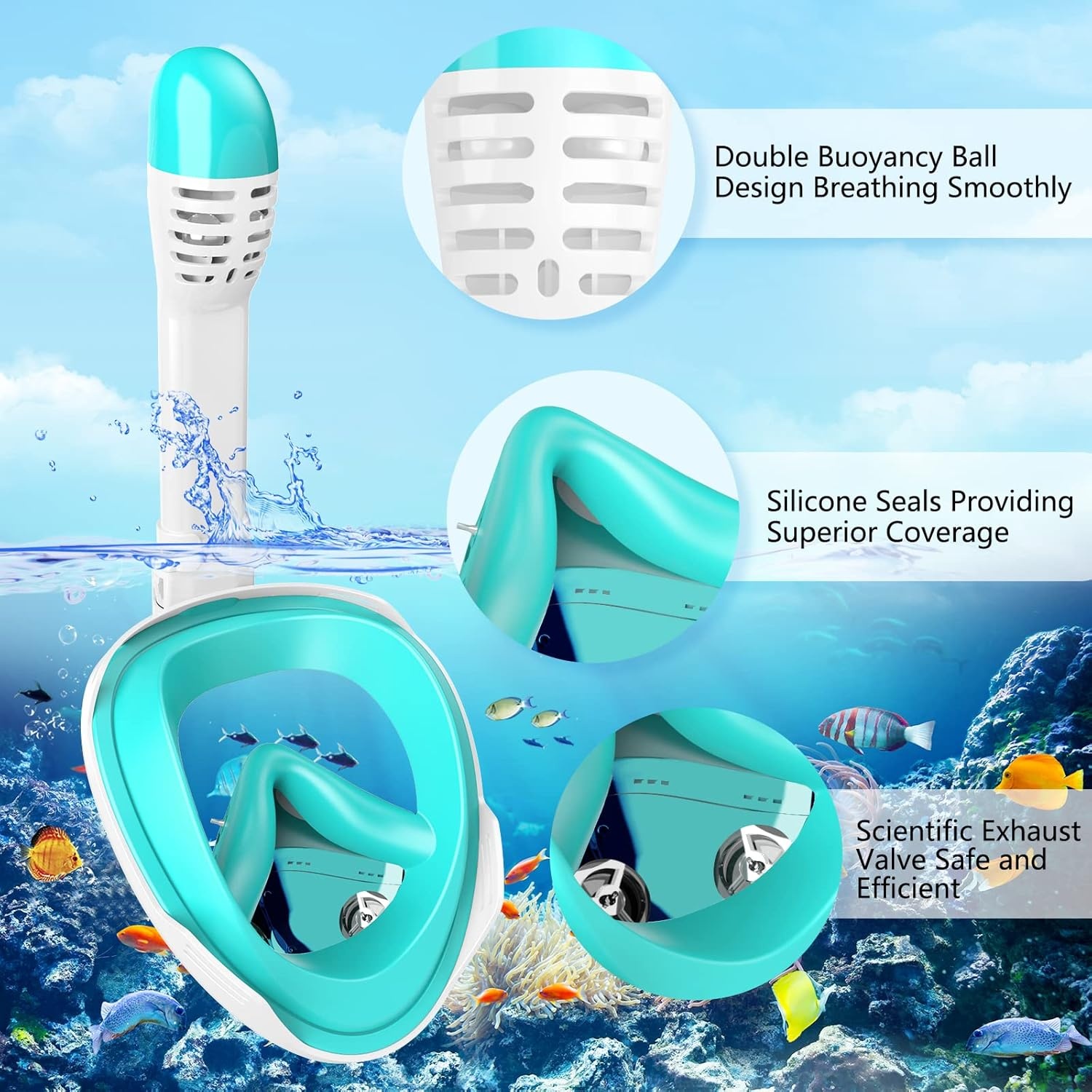 Seaview Snorkelmasker, volgelaatsmasker, 180 graden, snorkeluitrusting, duikmasker voor volwassenen en kinderen, anti-lek en anti-condens-snorkelset