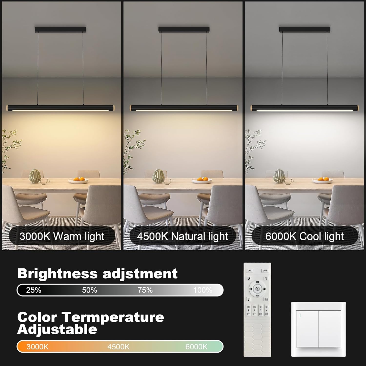 FANLG Eetkamerkroonluchter, 80 cm, zwart, hanglamp, dimbaar, met afstandsbediening, 28 W, moderne hanglamp, in hoogte verstelbaar, voor eetkamer, keuken, kantoor