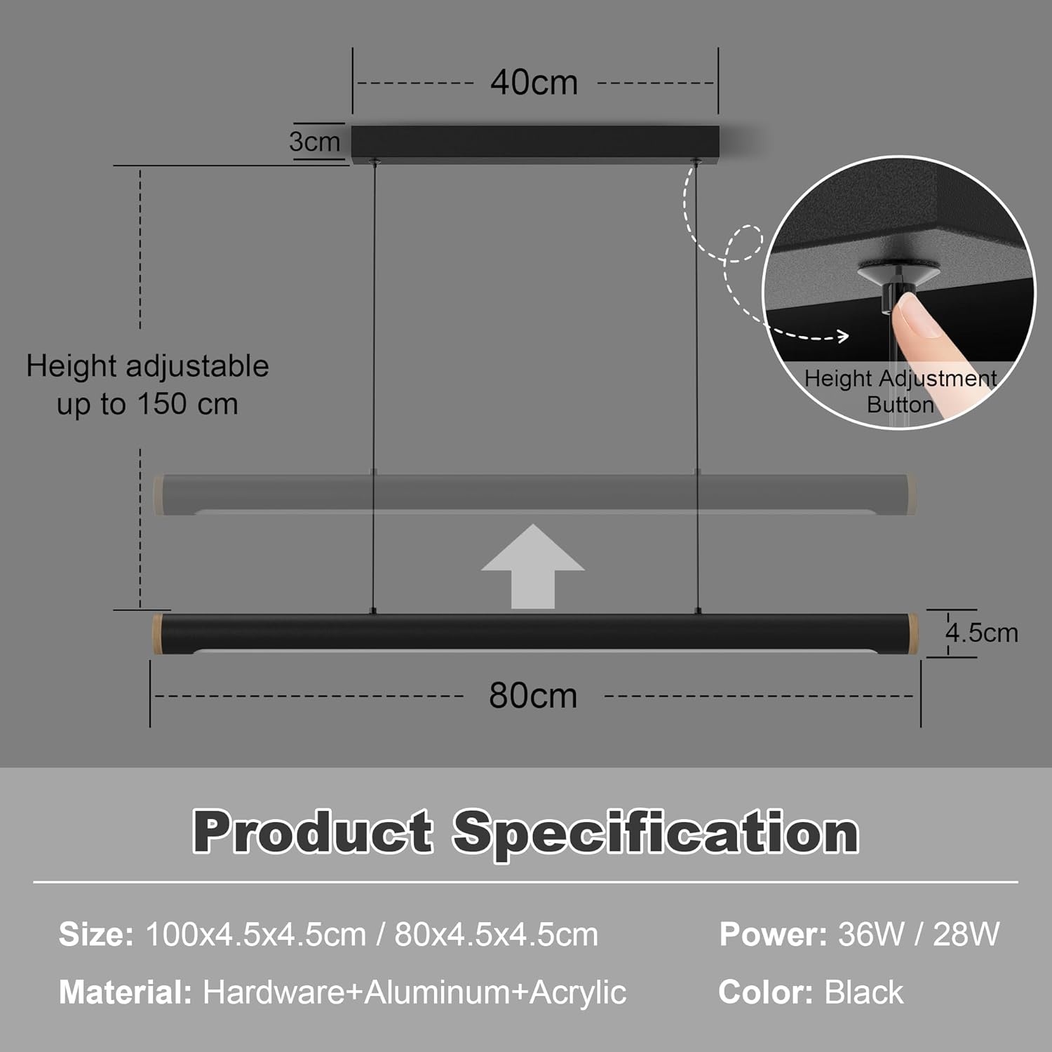 FANLG Eetkamerkroonluchter, 80 cm, zwart, hanglamp, dimbaar, met afstandsbediening, 28 W, moderne hanglamp, in hoogte verstelbaar, voor eetkamer, keuken, kantoor
