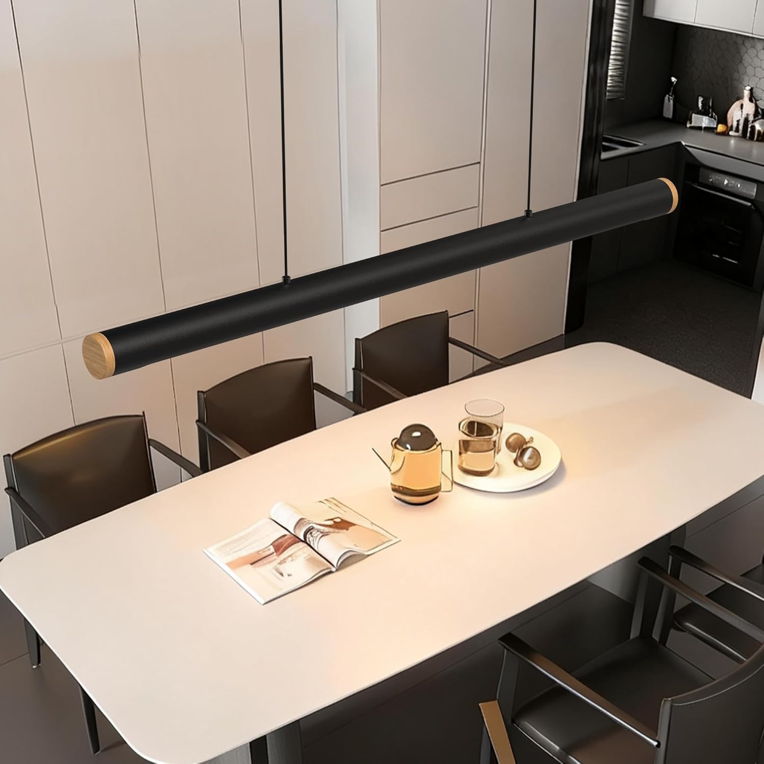 FANLG Eetkamerkroonluchter, 80 cm, zwart, hanglamp, dimbaar, met afstandsbediening, 28 W, moderne hanglamp, in hoogte verstelbaar, voor eetkamer, keuken, kantoor