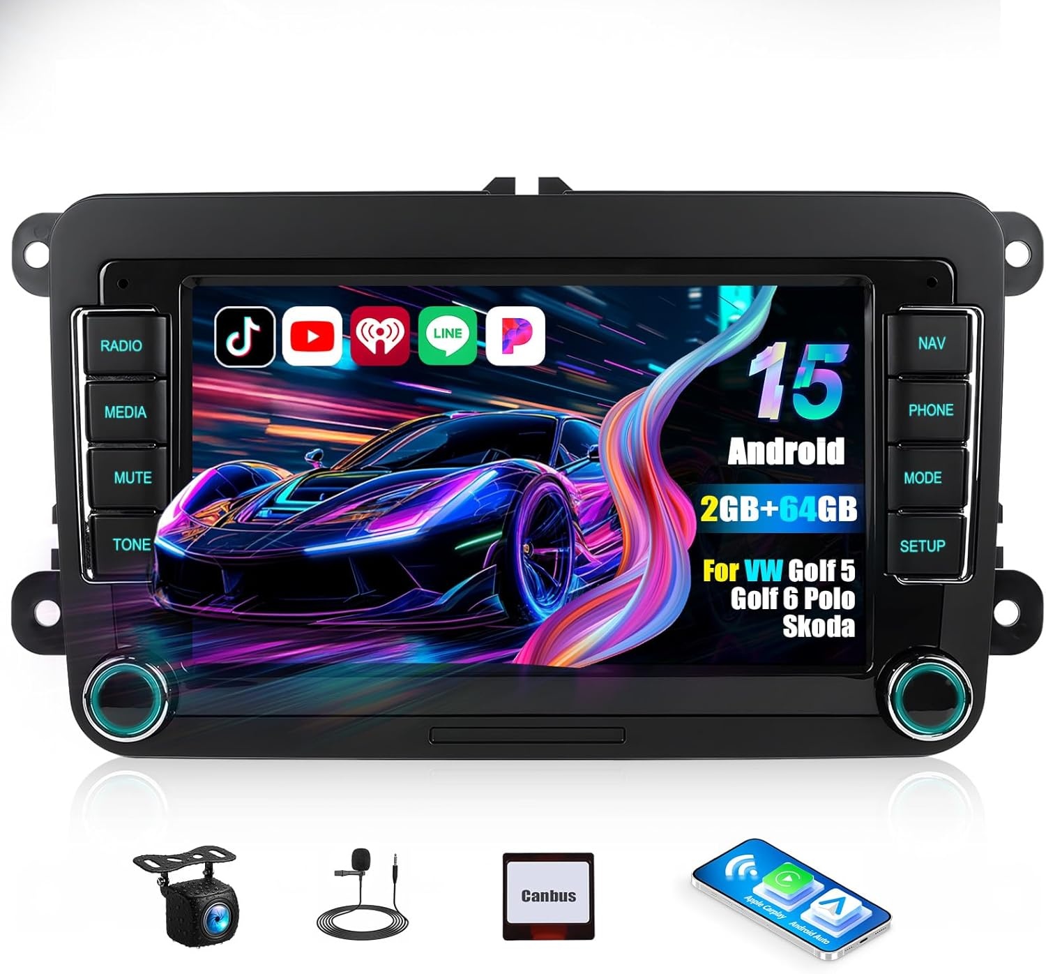 CAMECHO Android Radio met Navigatie voor VW Golf 6 Golf 5 T5 Skoda Seat Polo Caddy,7 Inch Scherm autoradio 2 DIN met Bluetooth FM RDS WIFI Mirror Link+Canbus