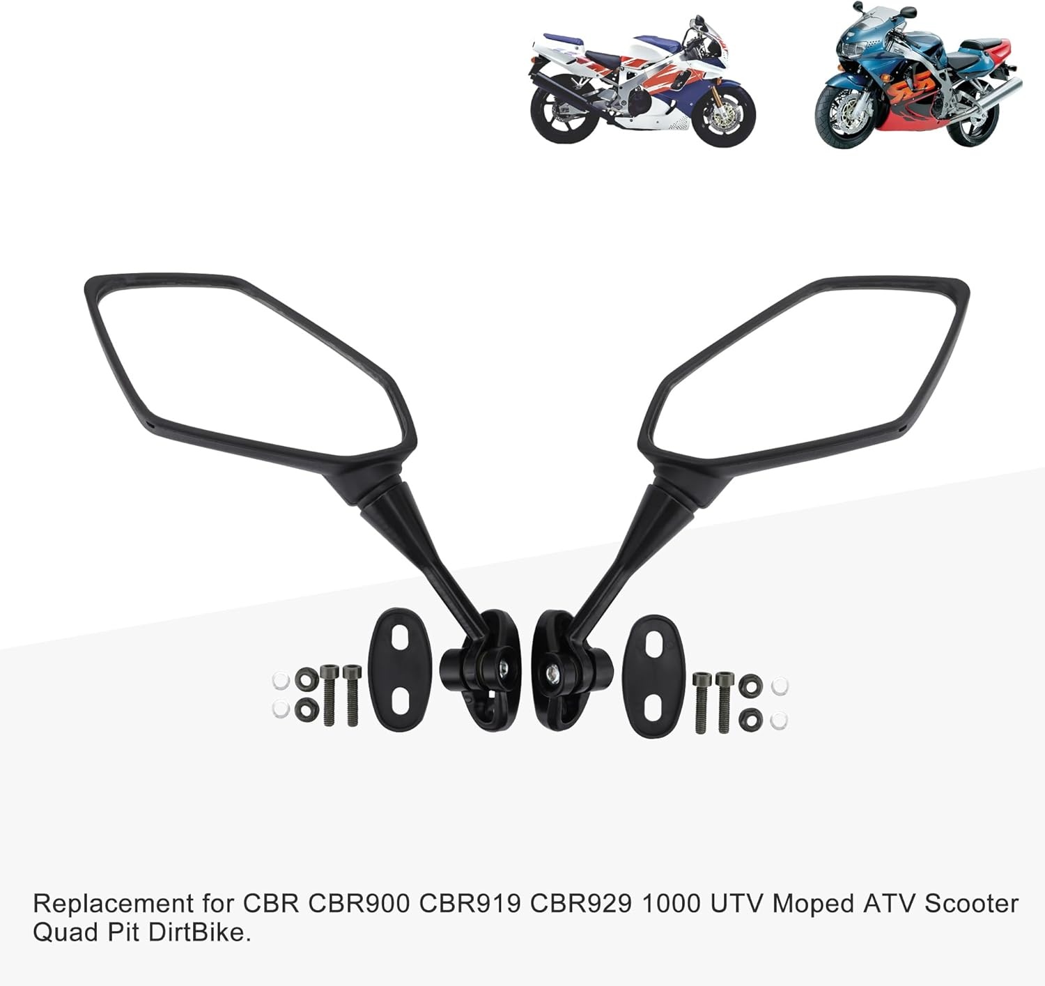 GOOFIT Polygon zwarte zijspiegel voor motorfiets, schroefadapter, bevestigingsclip, vervanging voor Kwasaki CBR CBR900 919 929 1000 UTV bromfiets, ATV, scooter, quad, pit dirtbike