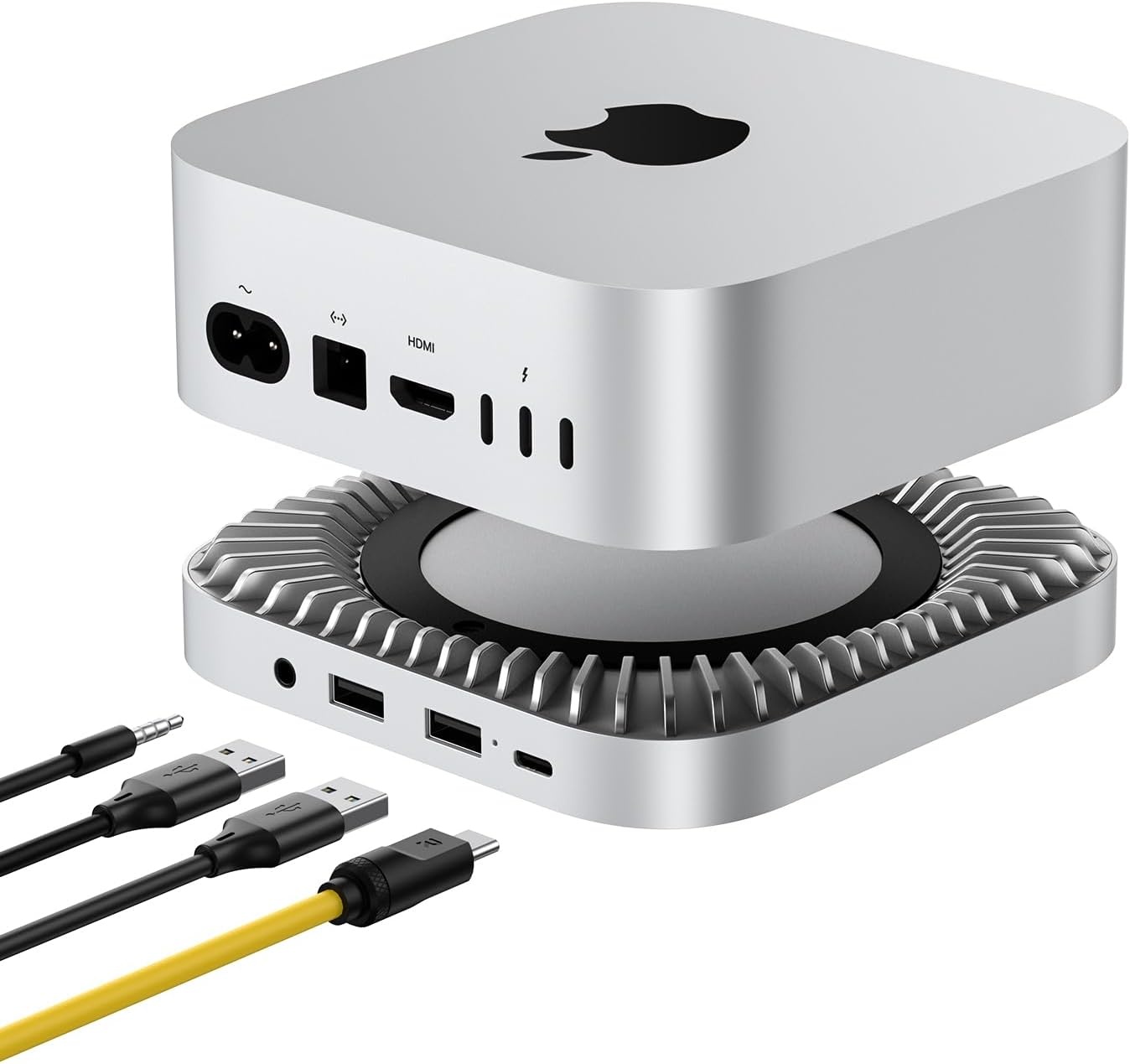 Aluminium hub & standaard voor de nieuwe M4/M4 Pro Mac Mini (2024) met 40 Gbps NVMe/M.2 SSD-behuizing, 2 x USB-A, USB-C host, 3,5 mm audio – compatibel met alle nieuwe Mac Mini M4/M4 Pro