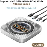 Aluminium hub & standaard voor de nieuwe M4/M4 Pro Mac Mini (2024) met 40 Gbps NVMe/M.2 SSD-behuizing, 2 x USB-A, USB-C host, 3,5 mm audio – compatibel met alle nieuwe Mac Mini M4/M4 Pro