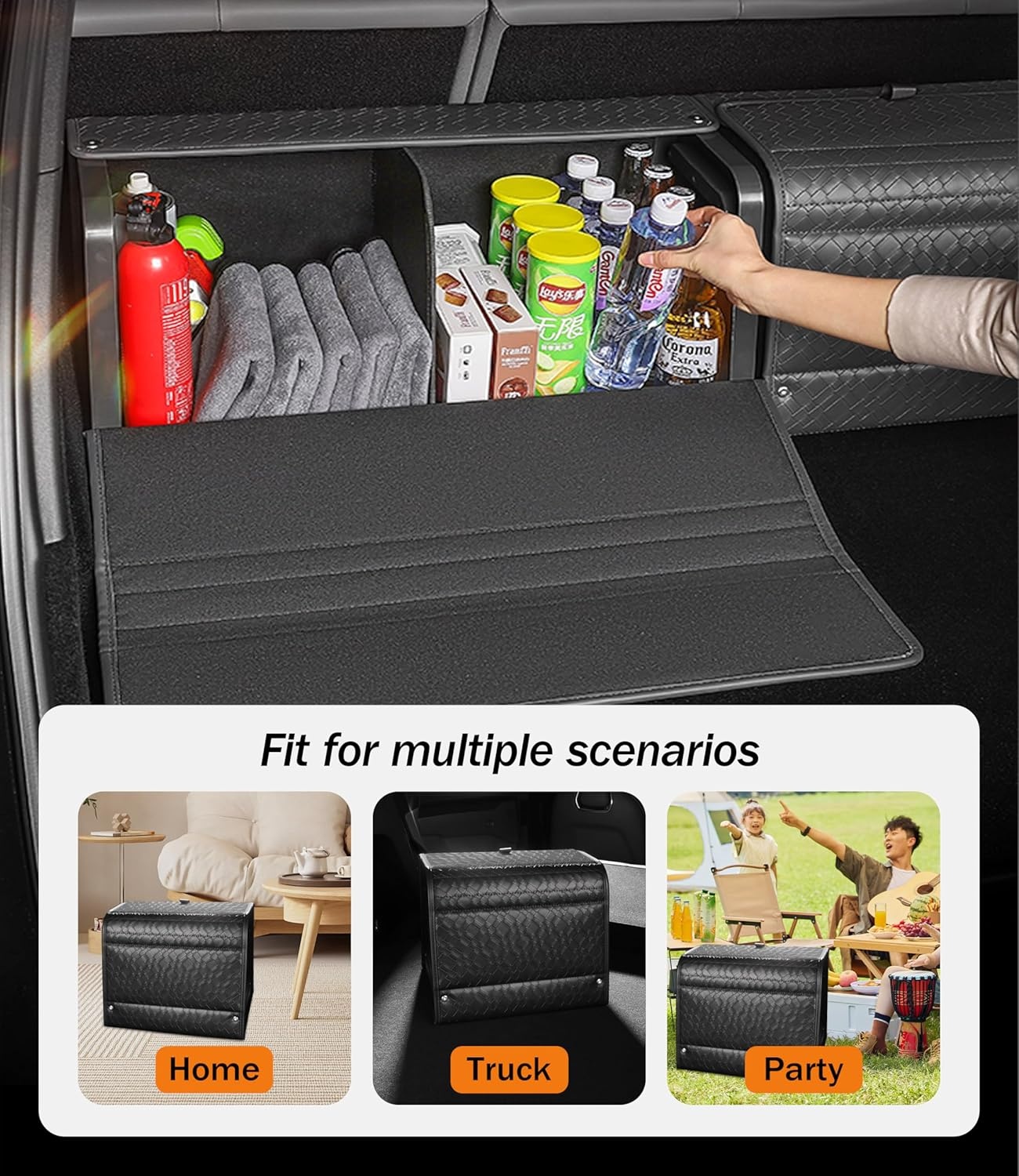 Kofferbakorganizer, leer, organizer, kofferbakbox, instelbaar, opvouwbaar,31 x 33 x 38 cm (zwart, 32L (PP-honingraat, schroeven, max. 18kg))