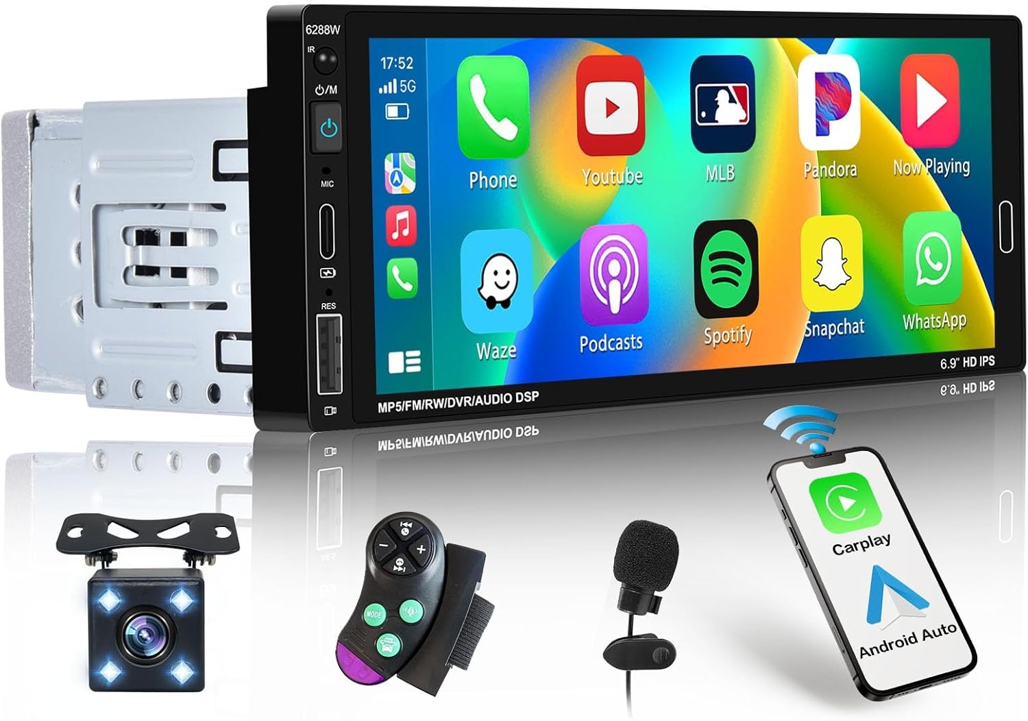 1 Din Radio 6,9 Inch Aanraakscherm Autoradio met Wireless Carplay Android Auto