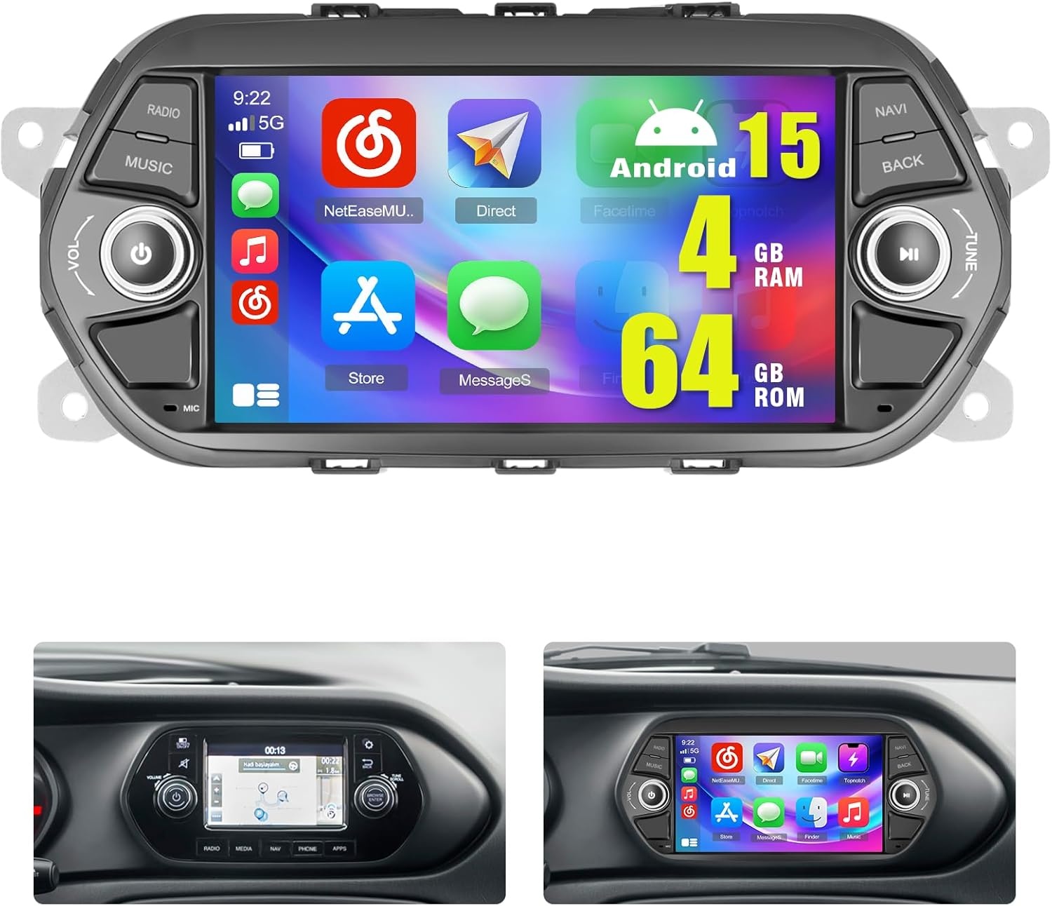 Android Autoradio 4+64GB voor FIAT TIPO EGEA 2015-2017 met Wireless CarPlay, Android Auto en 7'' IPS Touch Screen