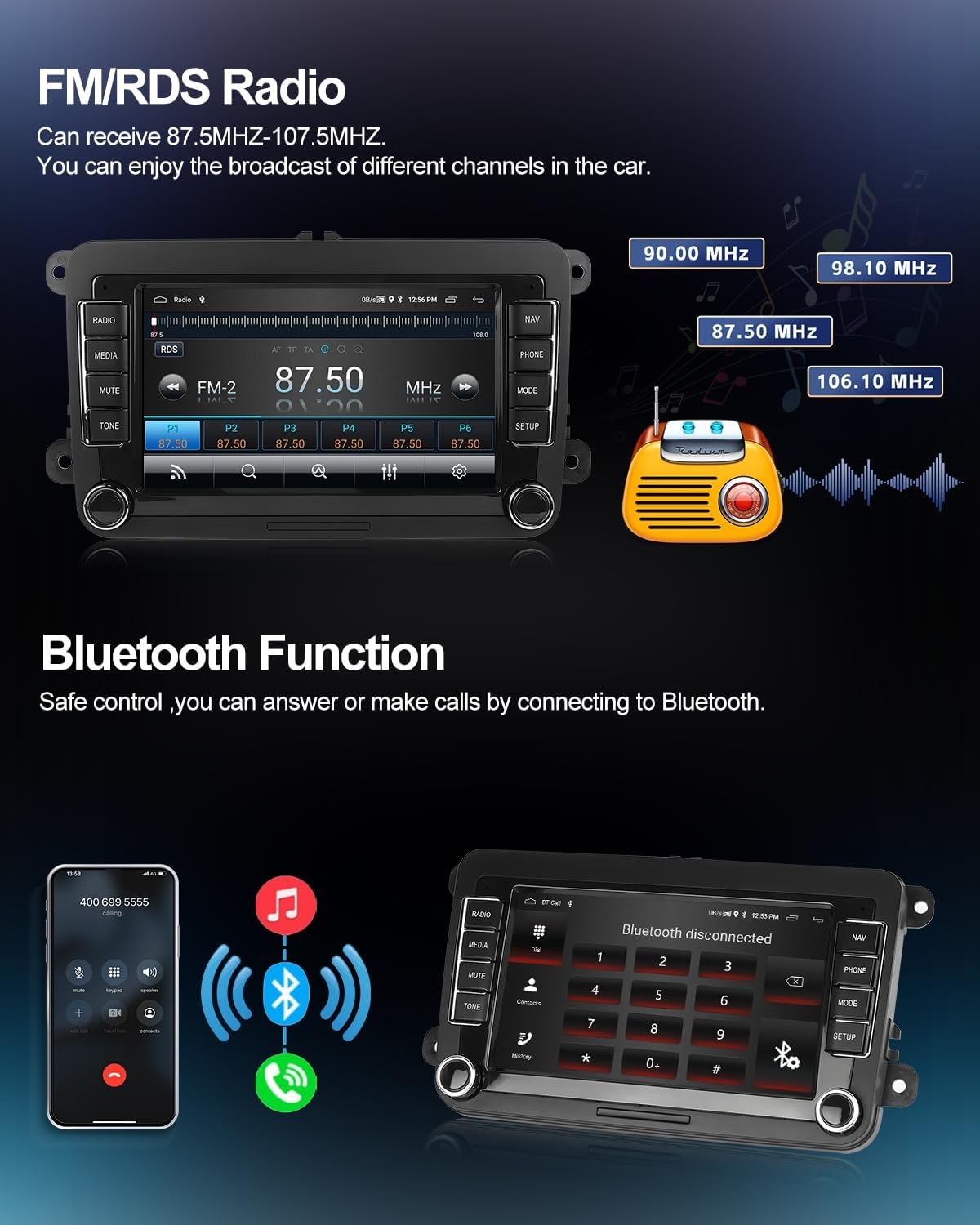 CAMECHO Android 13 autoradio voor VW Golf 5 Polo Skoda met Navi Bluetooth, 7 inch dubbel din autoradio touch display met Mirror Link FM/RDS WiFi SWC en USB