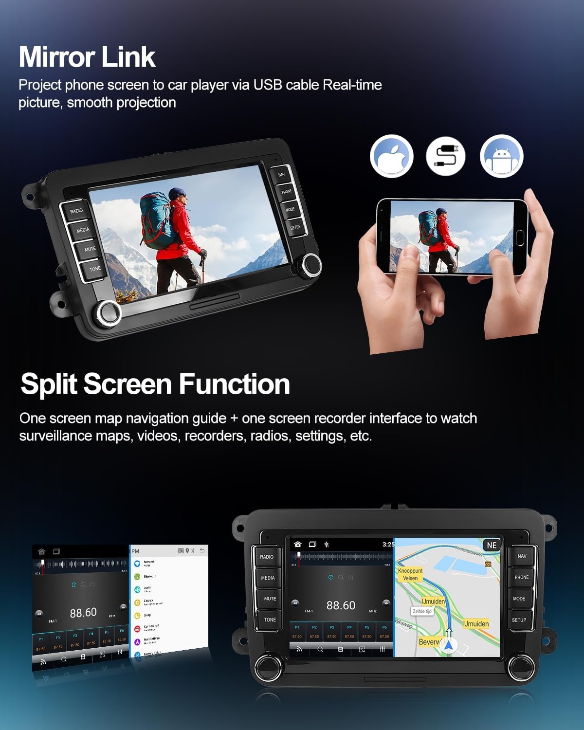CAMECHO Android 13 autoradio voor VW Golf 5 Polo Skoda met Navi Bluetooth, 7 inch dubbel din autoradio touch display met Mirror Link FM/RDS WiFi SWC en USB