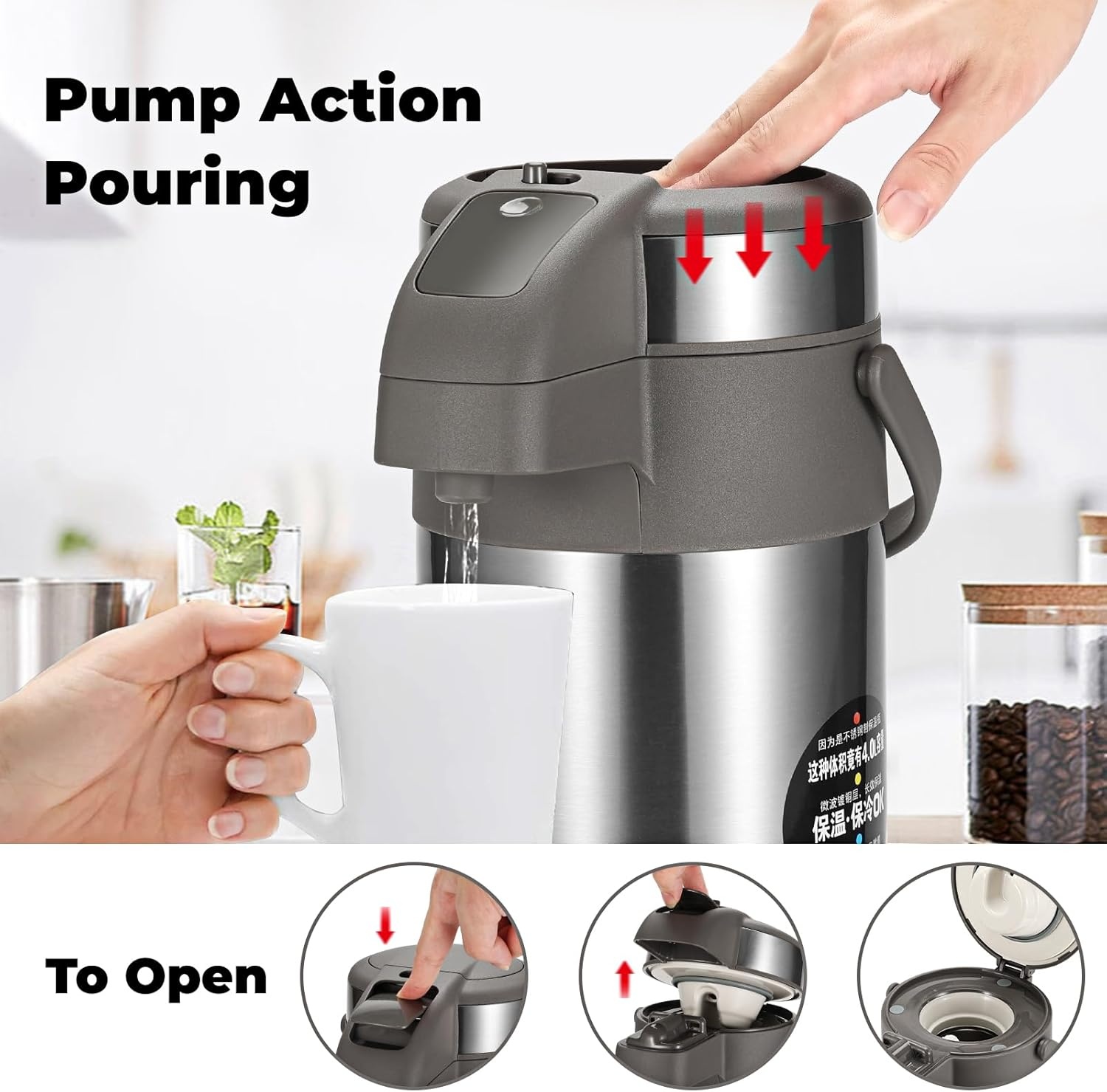 Koffiefles - 3L geïsoleerde pomp actie airpot - roestvrij staal vacuüm thermische drank dispenser BPA vrije koffie karaf