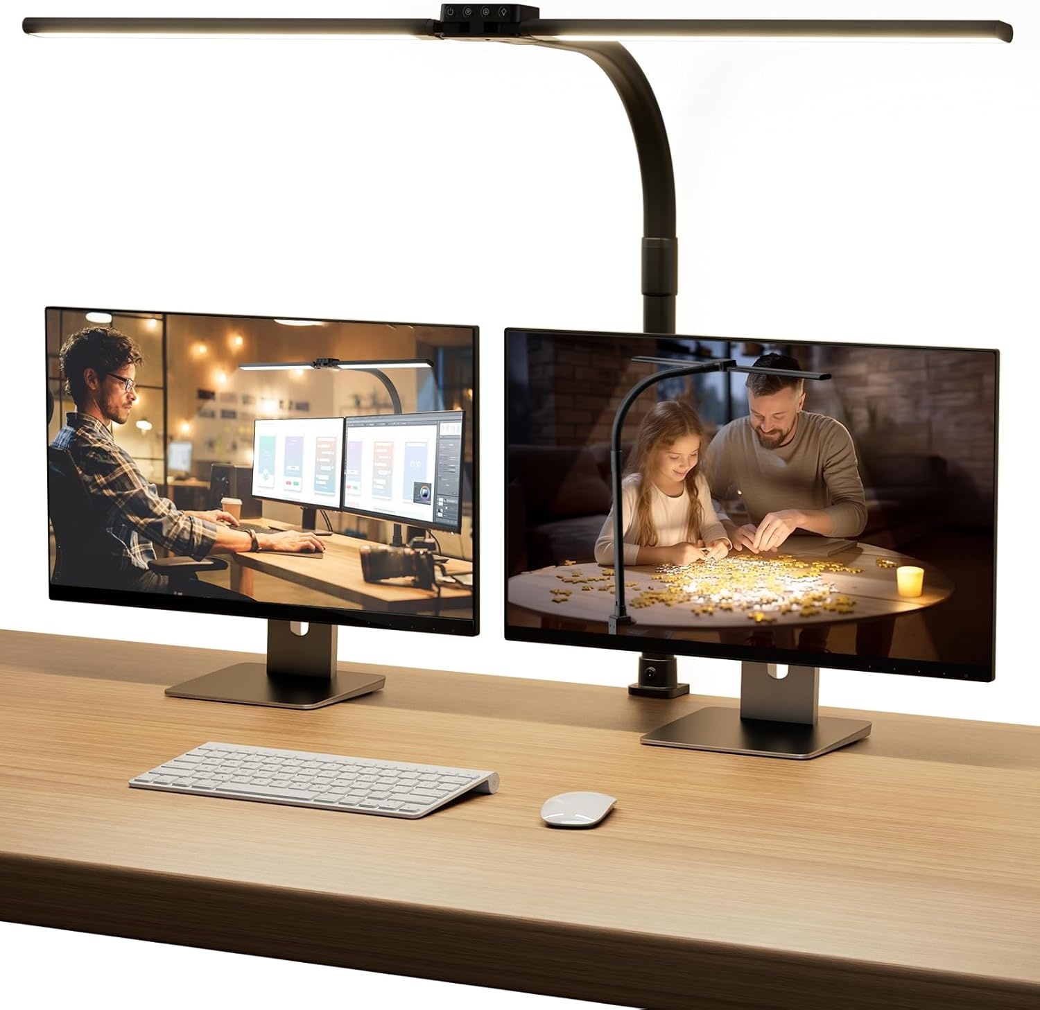 SIBRILLE Bureaulamp, led, dubbele kop, bureaulamp, dimbaar, klembaar, bureaulamp voor kantoor, oogbescherming, monitorlamp, daglichtlamp, pc-lamp, tafellamp met zwanenhals, zwart