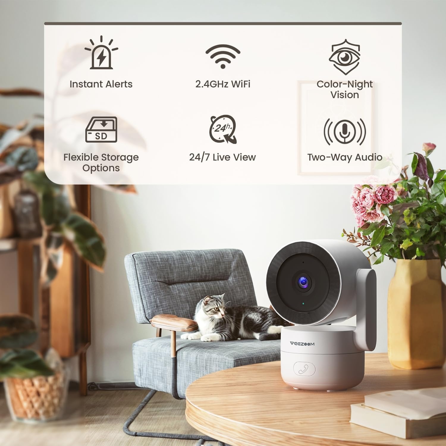 VEEZOOM 4MP WLAN-camera voor binnen, 360 graden PTZ-camerabewaking binnen, 2,4 G wifi baby/huisdier, HD-nachtzicht, AI-persoonsherkenning, one-touch-oproep, automatische tracking, 504D