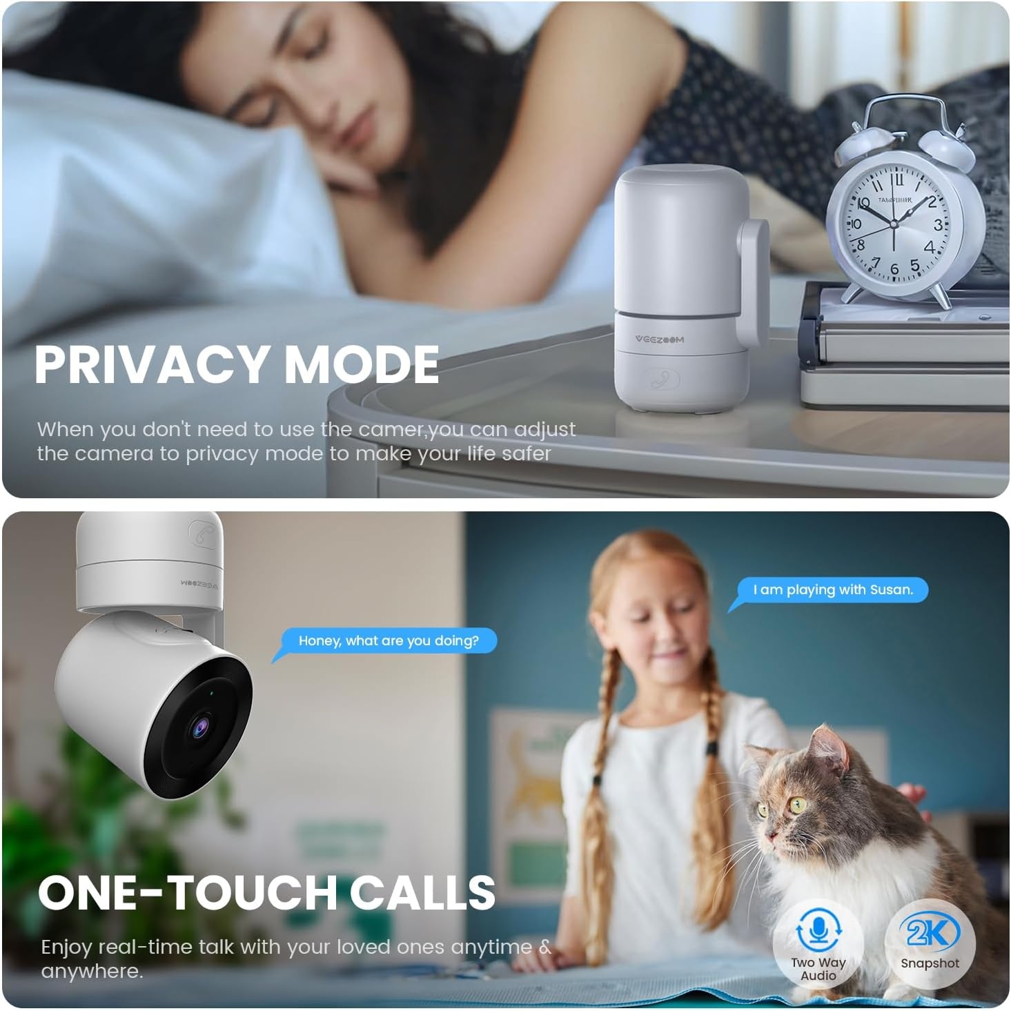 VEEZOOM 4MP WLAN-camera voor binnen, 360 graden PTZ-camerabewaking binnen, 2,4 G wifi baby/huisdier, HD-nachtzicht, AI-persoonsherkenning, one-touch-oproep, automatische tracking, 504D