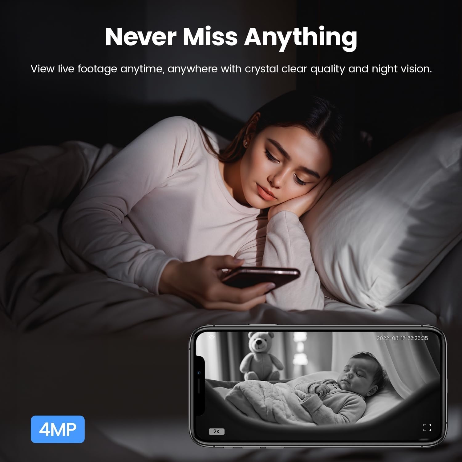 VEEZOOM 4MP WLAN-camera voor binnen, 360 graden PTZ-camerabewaking binnen, 2,4 G wifi baby/huisdier, HD-nachtzicht, AI-persoonsherkenning, one-touch-oproep, automatische tracking, 504D
