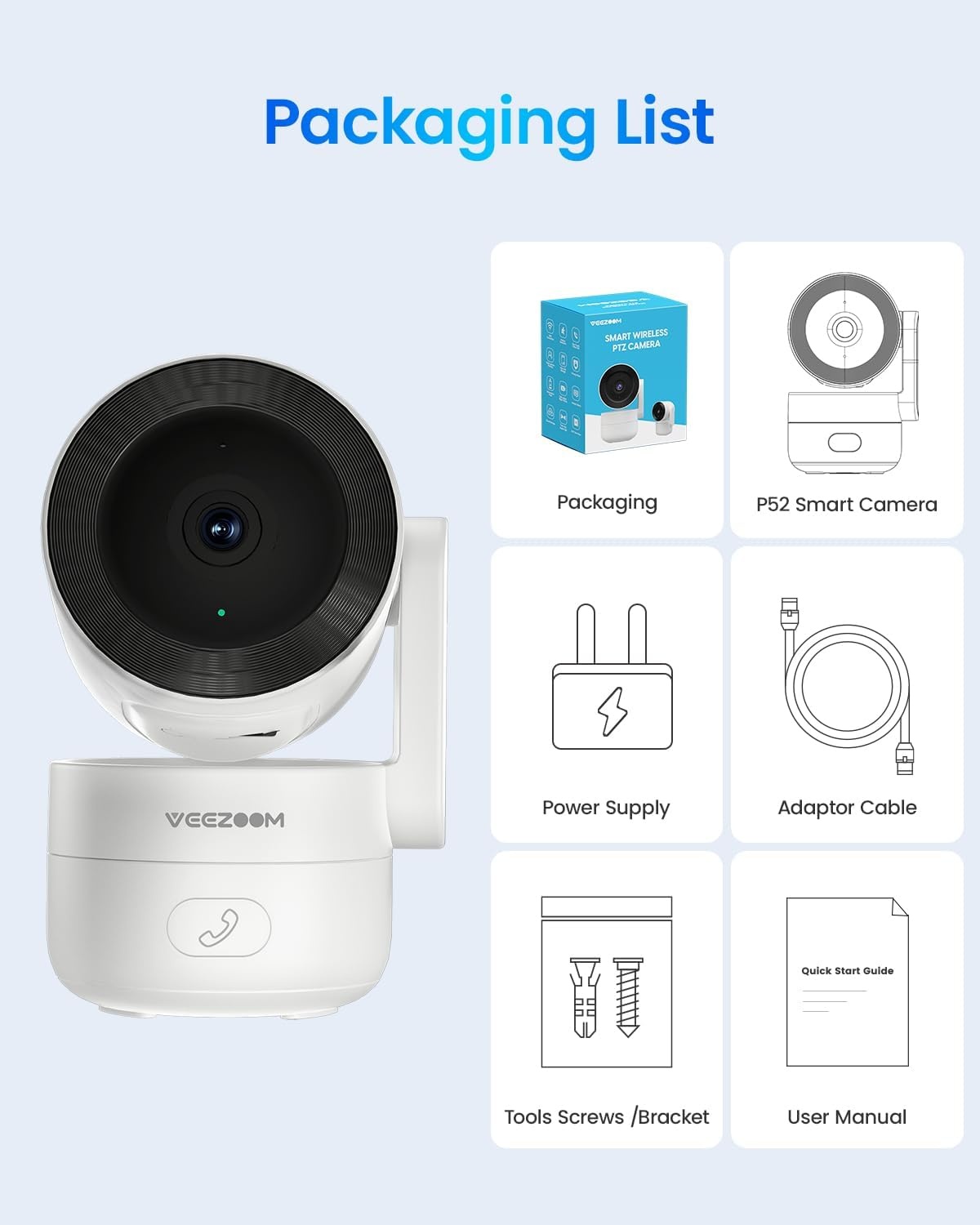 VEEZOOM 4MP WLAN-camera voor binnen, 360 graden PTZ-camerabewaking binnen, 2,4 G wifi baby/huisdier, HD-nachtzicht, AI-persoonsherkenning, one-touch-oproep, automatische tracking, 504D